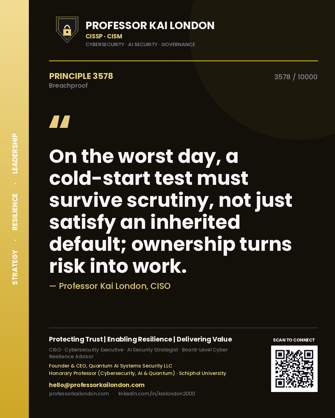 Professor Kai London principle 3578: On the worst day, a cold-start test must survive scrutiny, not just satisfy an inherited default; ownership turns risk into work.