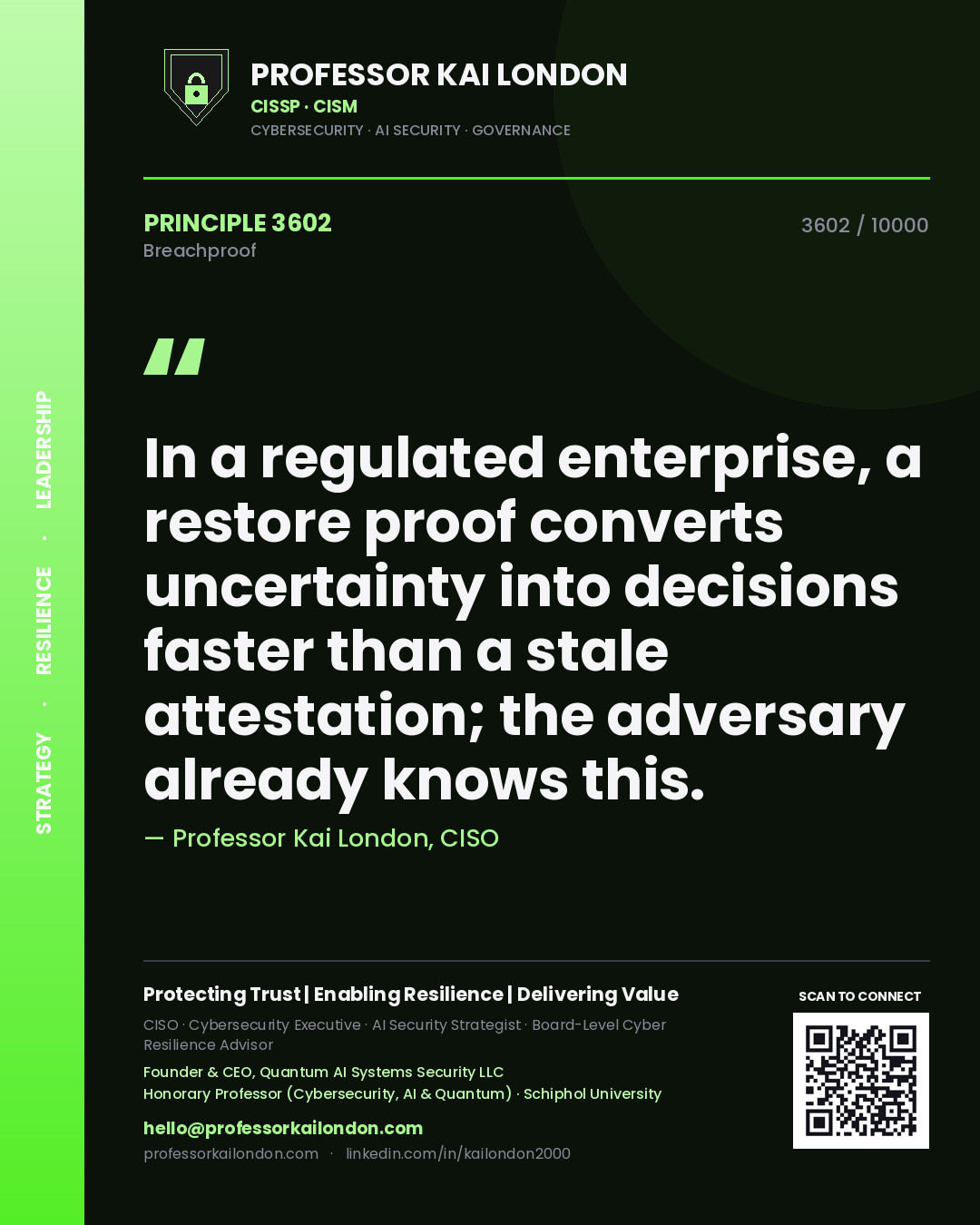 Professor Kai London principle 3602: In a regulated enterprise, a restore proof converts uncertainty into decisions faster than a stale attestation; the adversary already knows this.