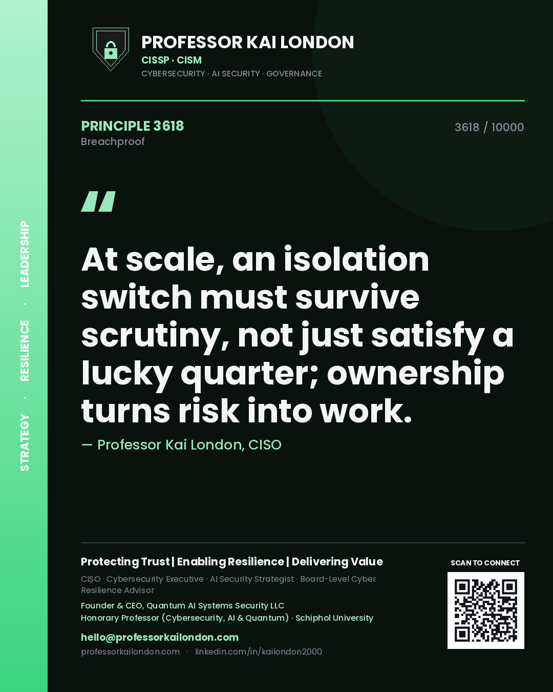 Quote card by Professor Kai London reading 'At scale, an isolation switch must survive scrutiny, not just satisfy a lucky quarter; ownership turns risk into work.'. From the book Breachproof.
