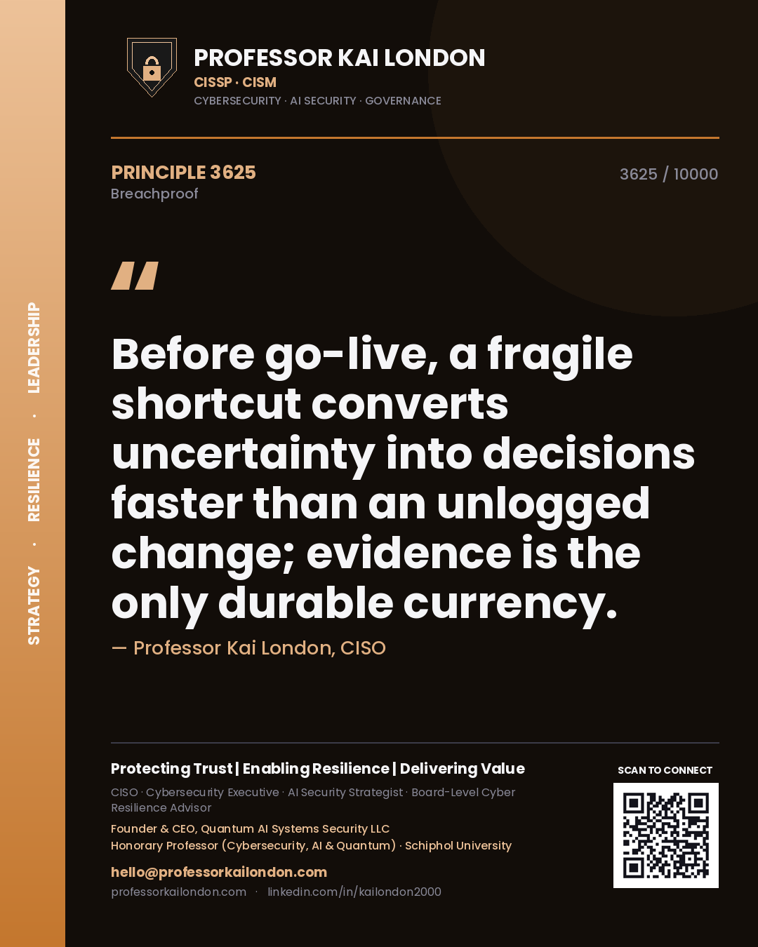 Quote card by Professor Kai London reading 'Before go-live, a fragile shortcut converts uncertainty into decisions faster than an unlogged change; evidence is the only durable currency.'. From the book Breachproof.