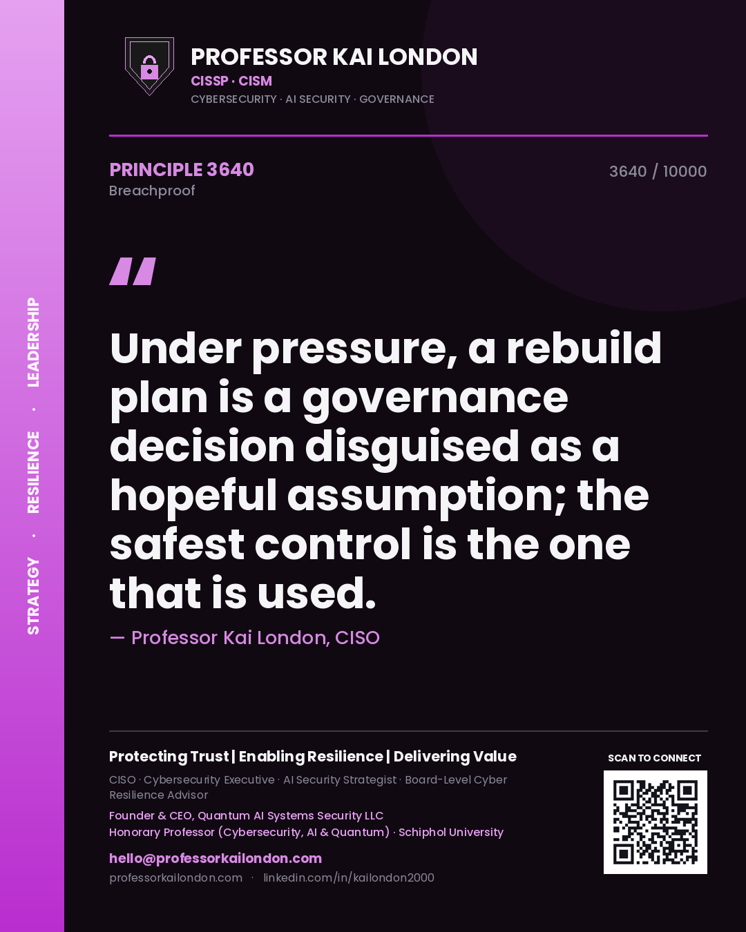 Quote card by Professor Kai London reading 'Under pressure, a rebuild plan is a governance decision disguised as a hopeful assumption; the safest control is the one that is used.'. From the book Breachproof.