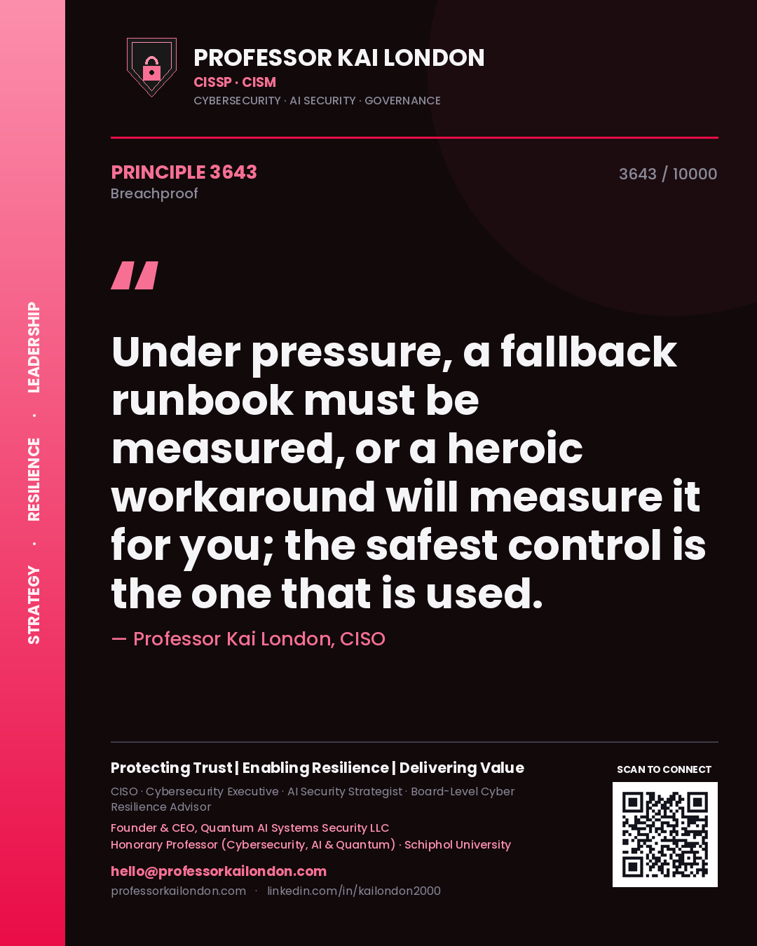 Quote card by Professor Kai London reading 'Under pressure, a fallback runbook must be measured, or a heroic workaround will measure it for you; the safest control is the one that is used.'. From the book Breachproof.