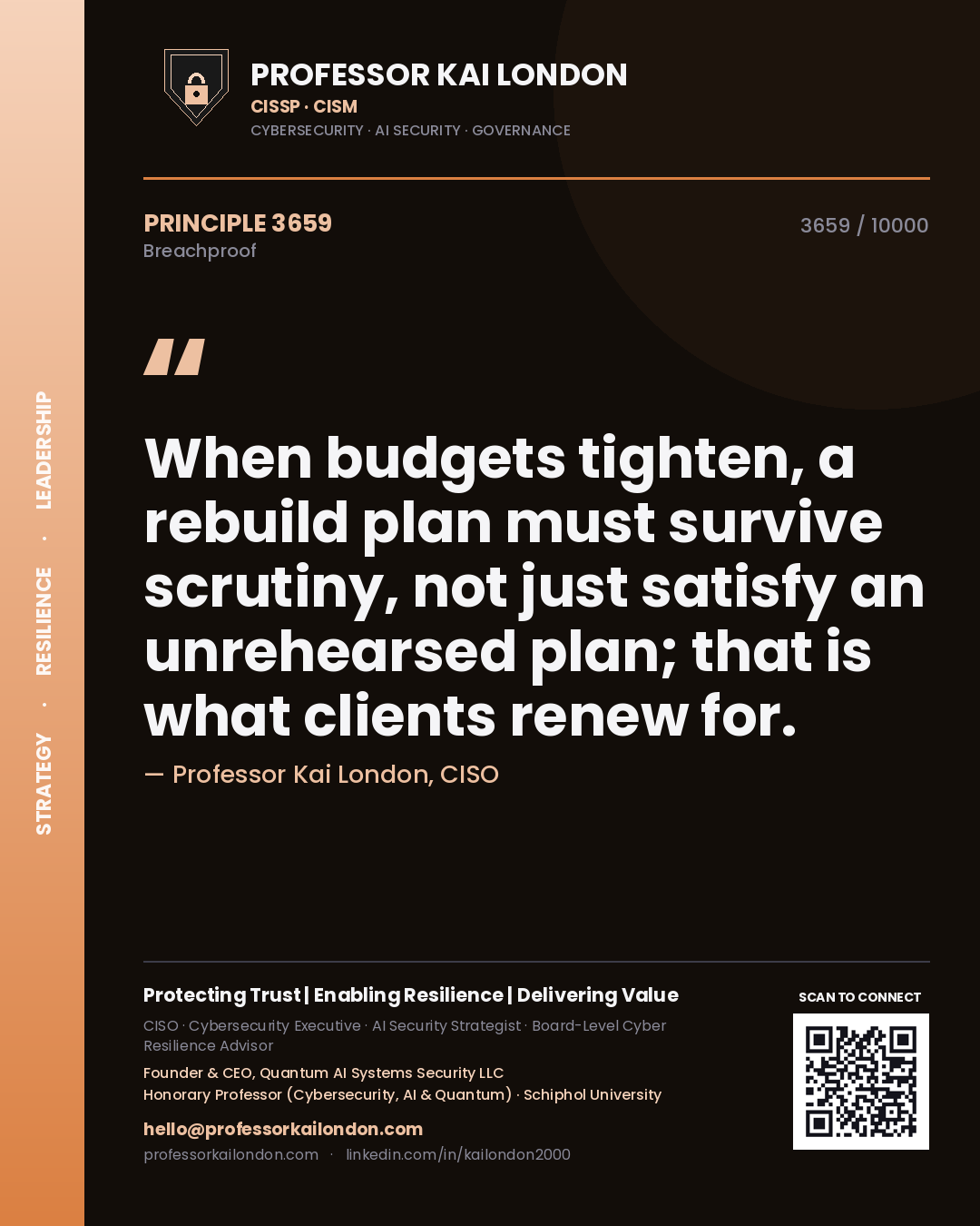 Quote card by Professor Kai London reading 'When budgets tighten, a rebuild plan must survive scrutiny, not just satisfy an unrehearsed plan; that is what clients renew for.'. From the book Breachproof.