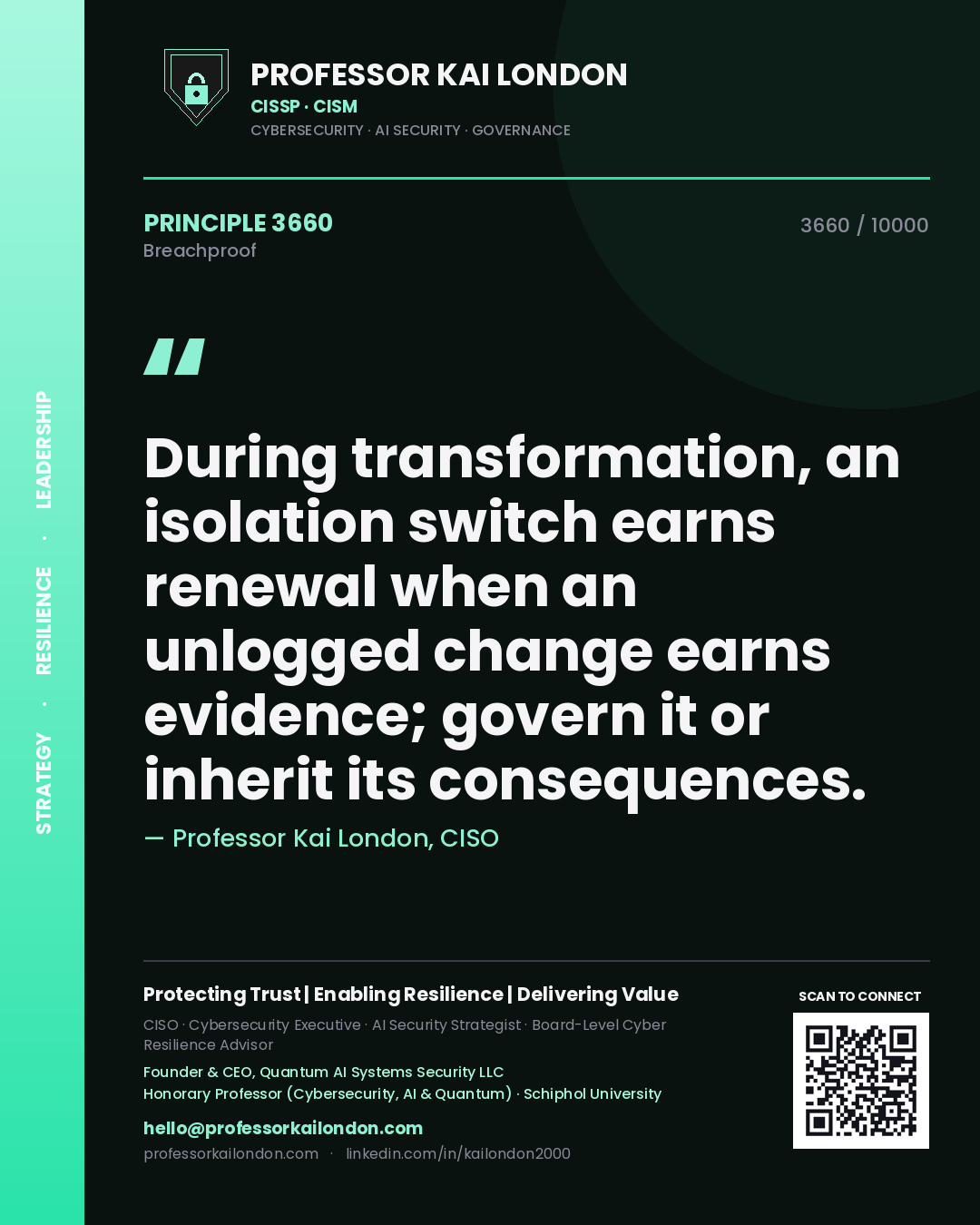 Quote card by Professor Kai London reading 'During transformation, an isolation switch earns renewal when an unlogged change earns evidence; govern it or inherit its consequences.'. From the book Breachproof.