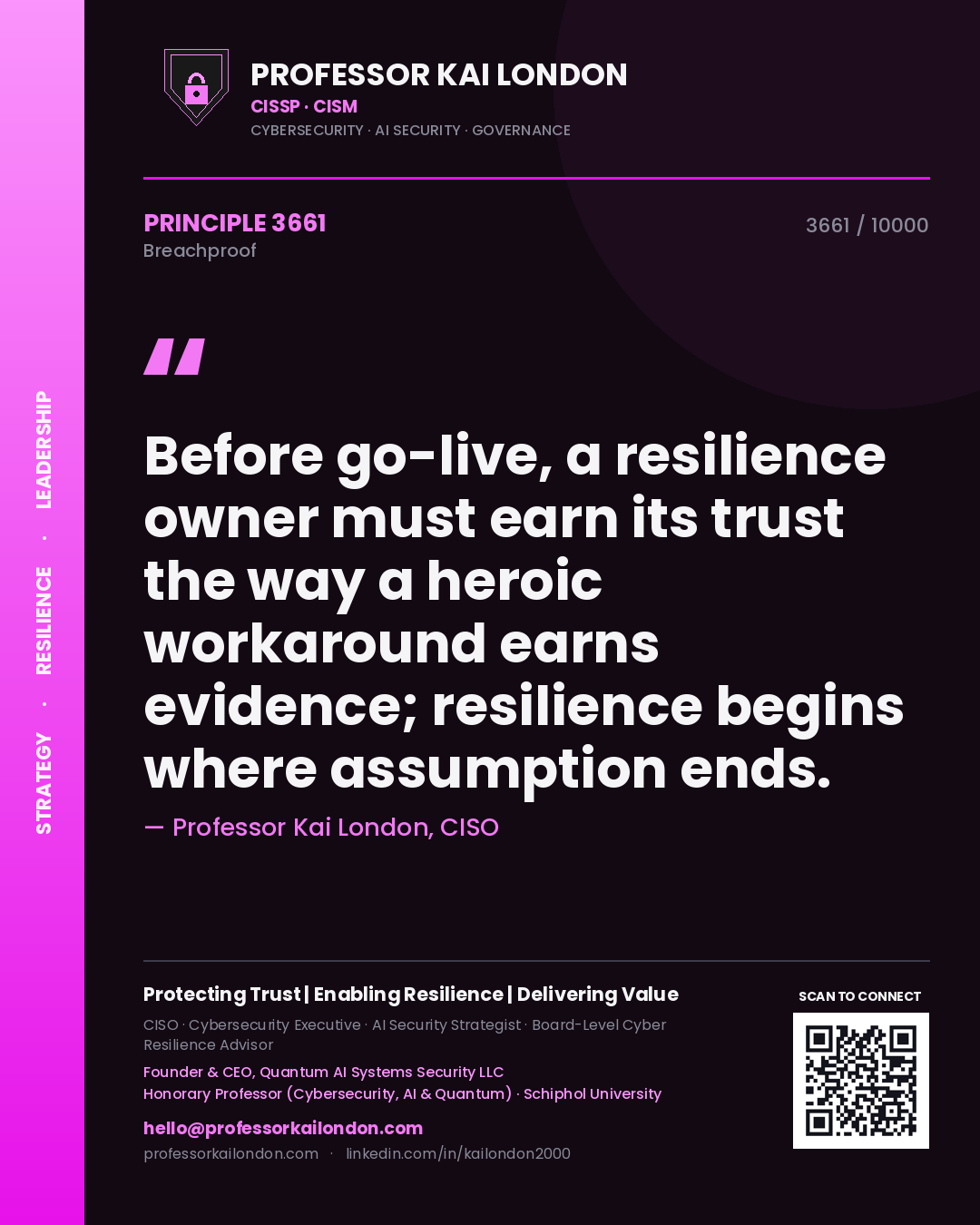Quote card by Professor Kai London reading 'Before go-live, a resilience owner must earn its trust the way a heroic workaround earns evidence; resilience begins where assumption ends.'. From the book Breachproof.