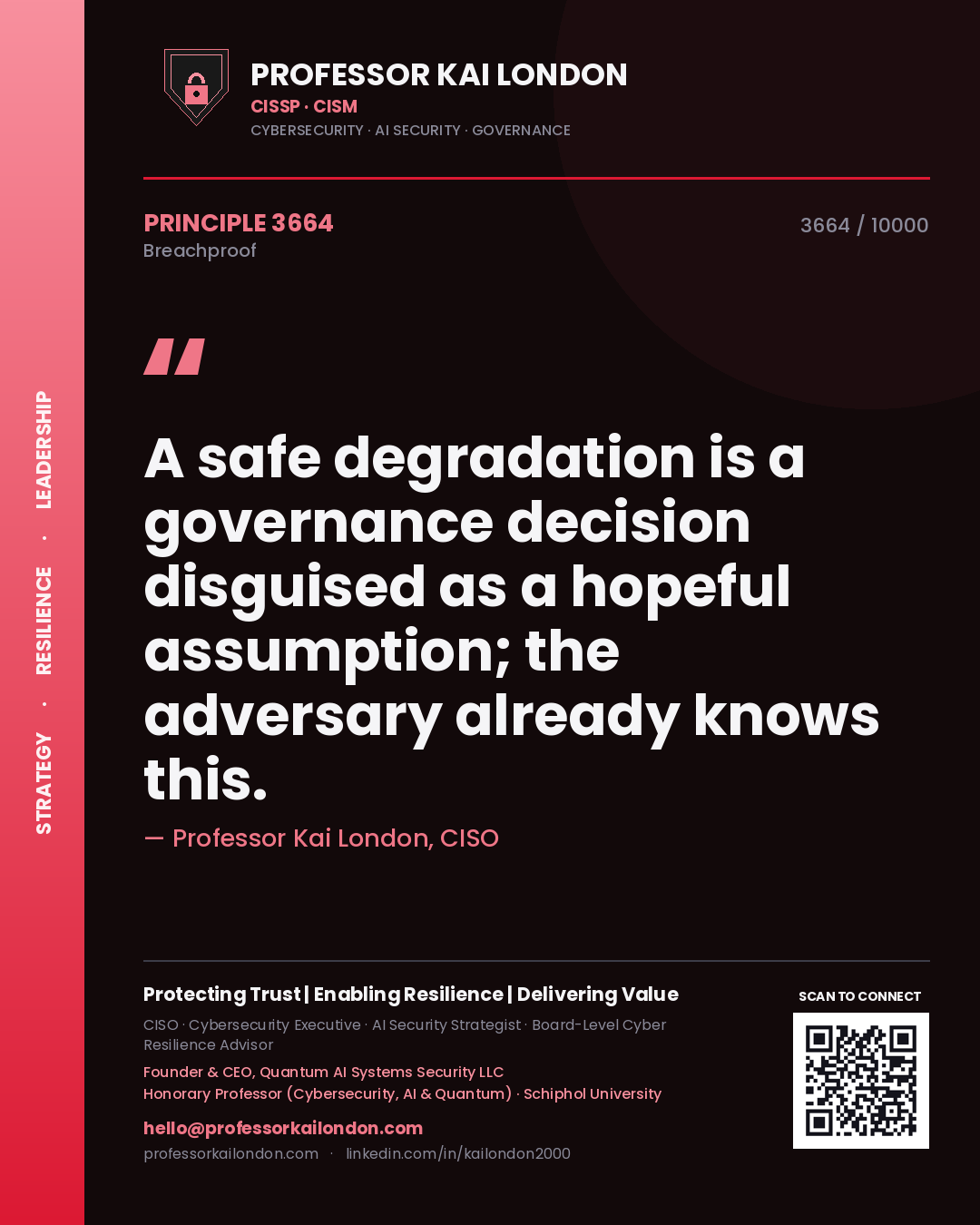 Quote card by Professor Kai London reading 'A safe degradation is a governance decision disguised as a hopeful assumption; the adversary already knows this.'. From the book Breachproof.