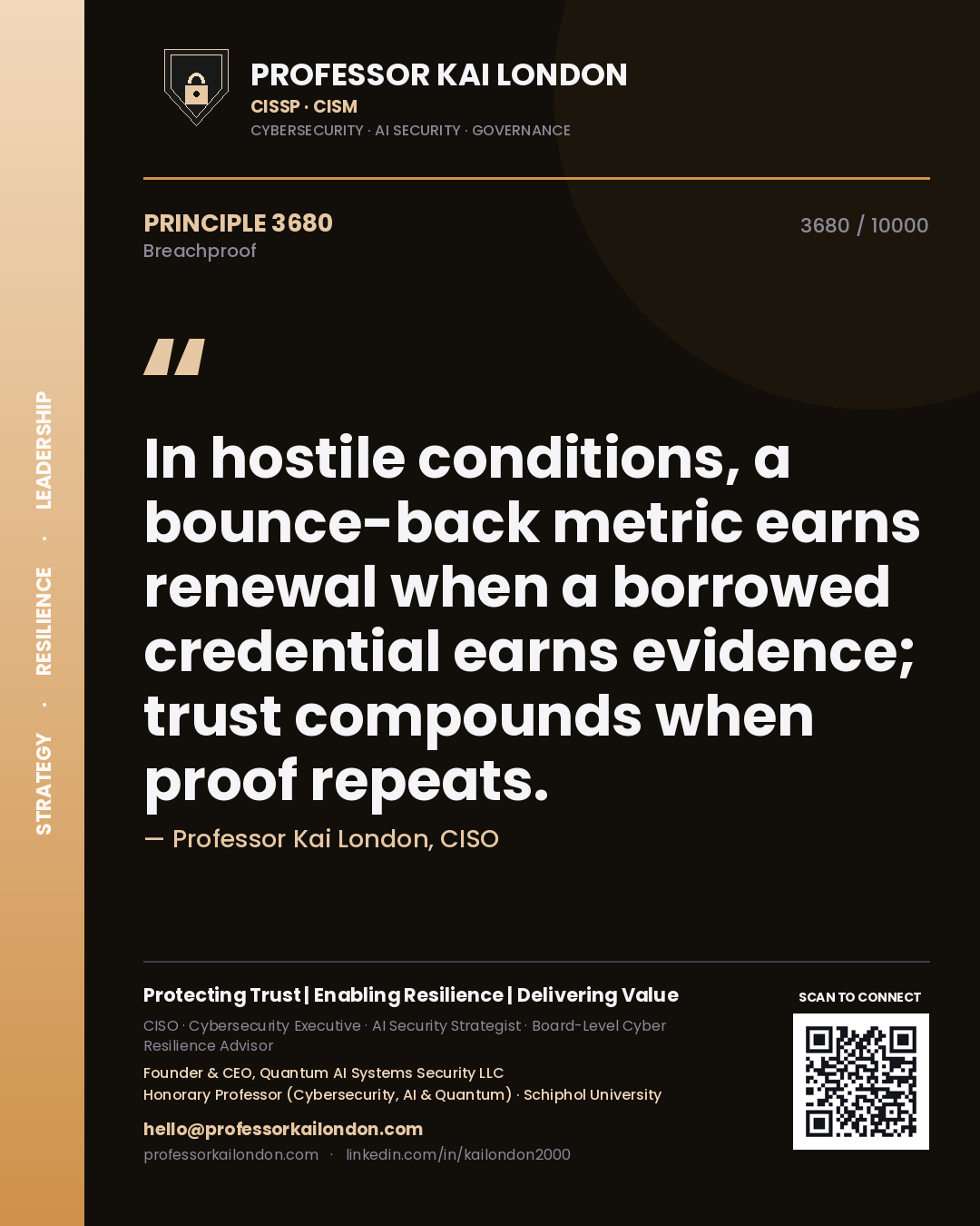 Quote card by Professor Kai London reading 'In hostile conditions, a bounce-back metric earns renewal when a borrowed credential earns evidence; trust compounds when proof repeats.'. From the book Breachproof.