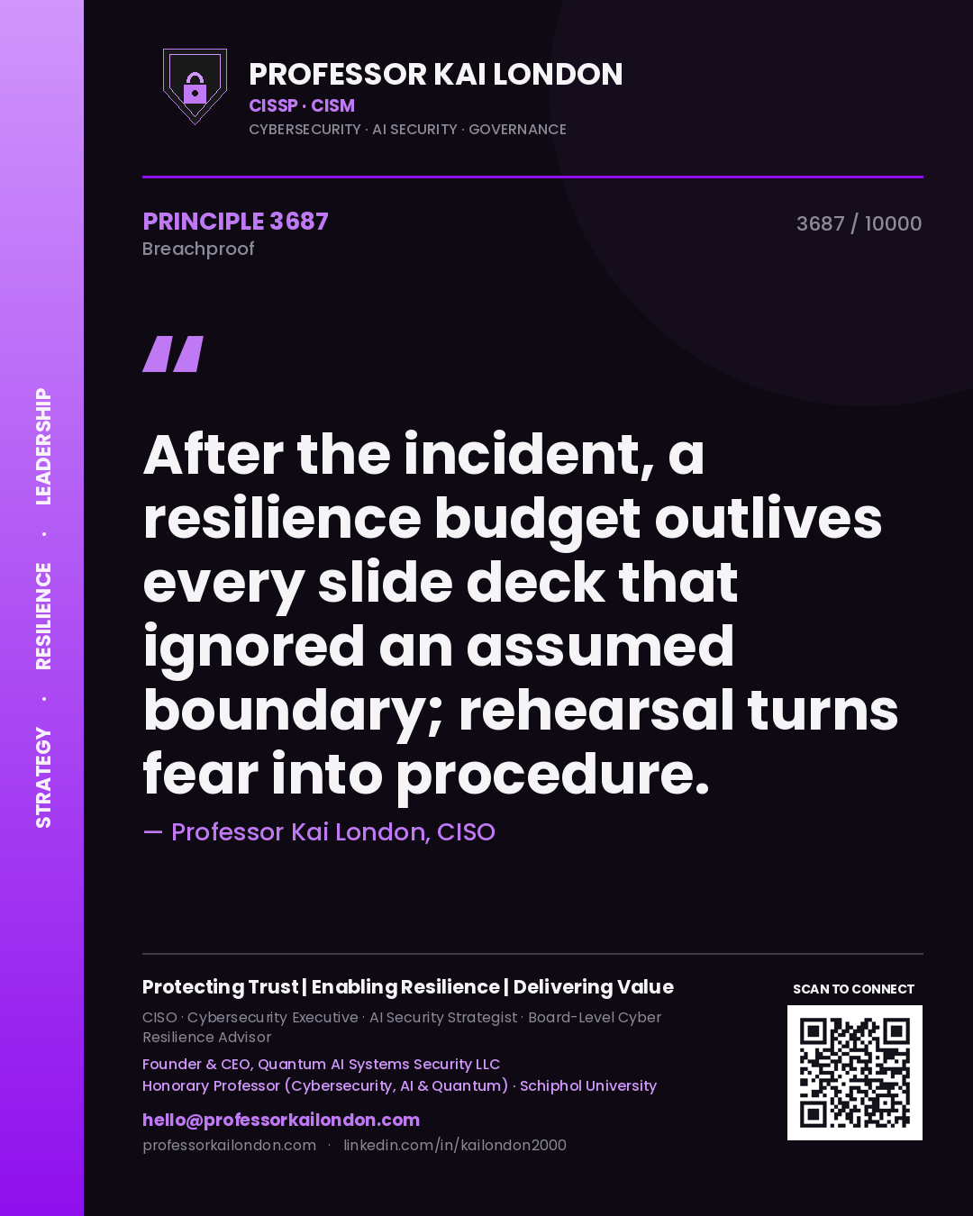 Quote card by Professor Kai London reading 'After the incident, a resilience budget outlives every slide deck that ignored an assumed boundary; rehearsal turns fear into procedure.'. From the book Breachproof.