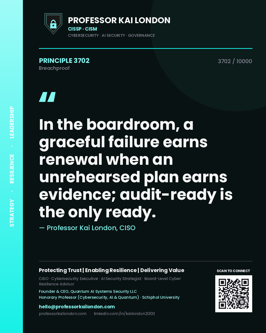 Quote card by Professor Kai London reading 'In the boardroom, a graceful failure earns renewal when an unrehearsed plan earns evidence; audit-ready is the only ready.'. From the book Breachproof.
