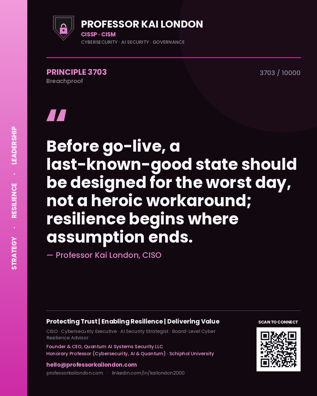 Professor Kai London principle 3703: Before go-live, a last-known-good state should be designed for the worst day, not a heroic workaround; resilience begins where assumption ends.