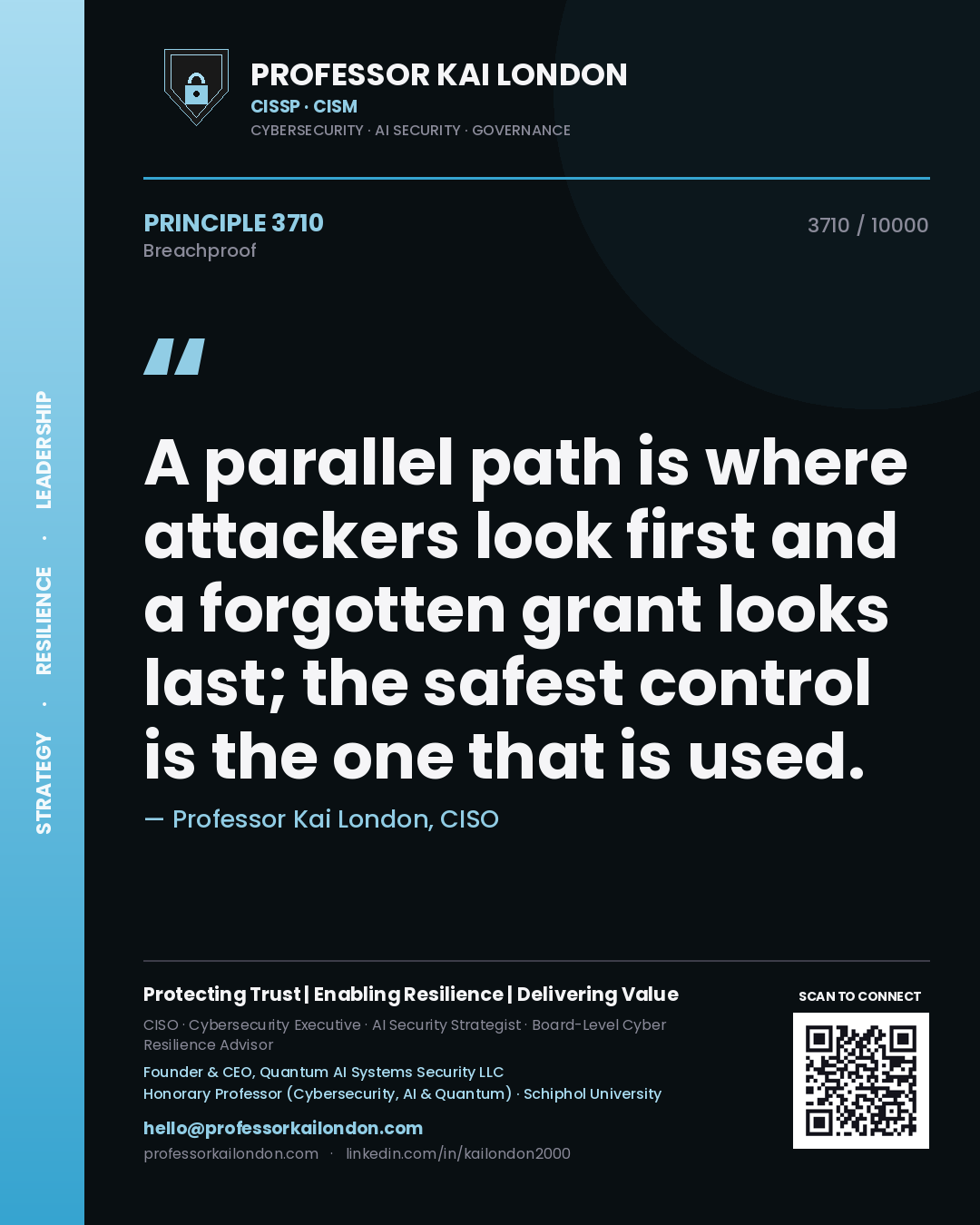Professor Kai London principle 3710: A parallel path is where attackers look first and a forgotten grant looks last; the safest control is the one that is used.