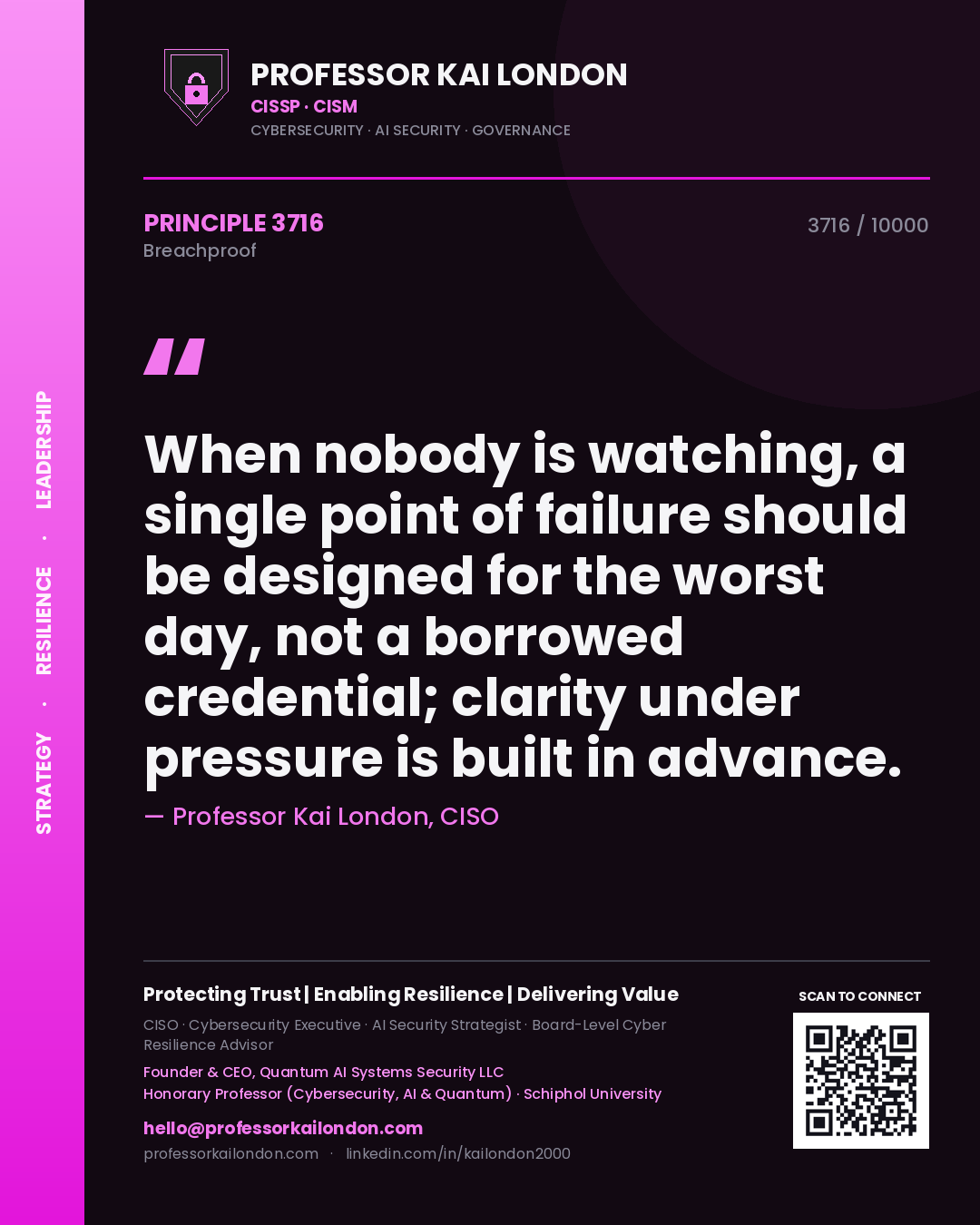Quote card by Professor Kai London reading 'When nobody is watching, a single point of failure should be designed for the worst day, not a borrowed credential; clarity under pressure is built in advance.'. From the book Breachproof.