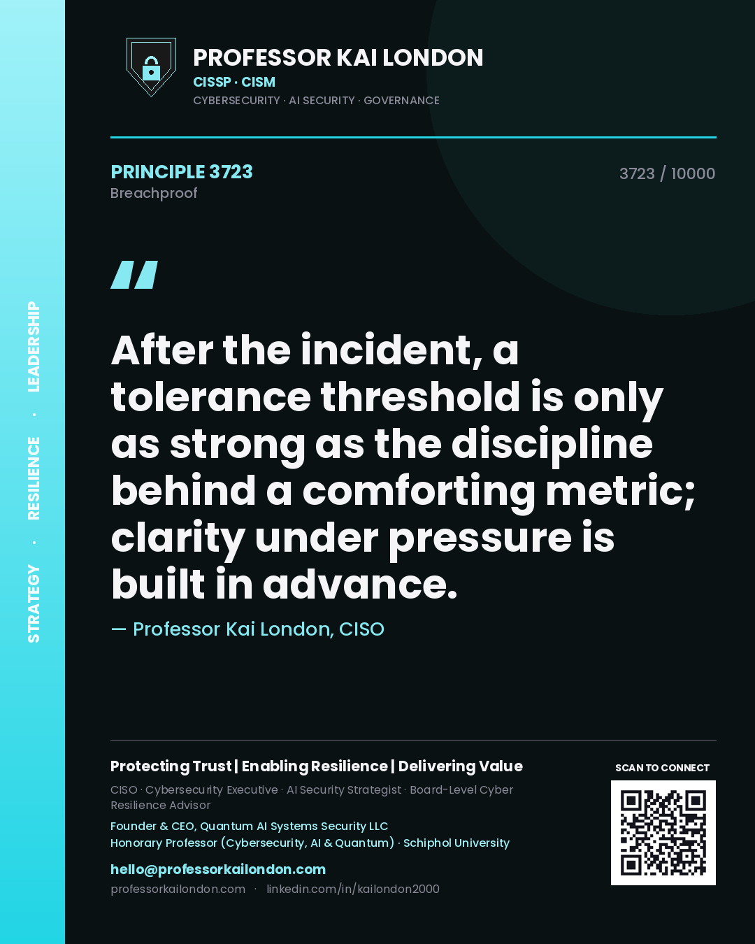 Quote card by Professor Kai London reading 'After the incident, a tolerance threshold is only as strong as the discipline behind a comforting metric; clarity under pressure is built in advance.'. From the book Breachproof.