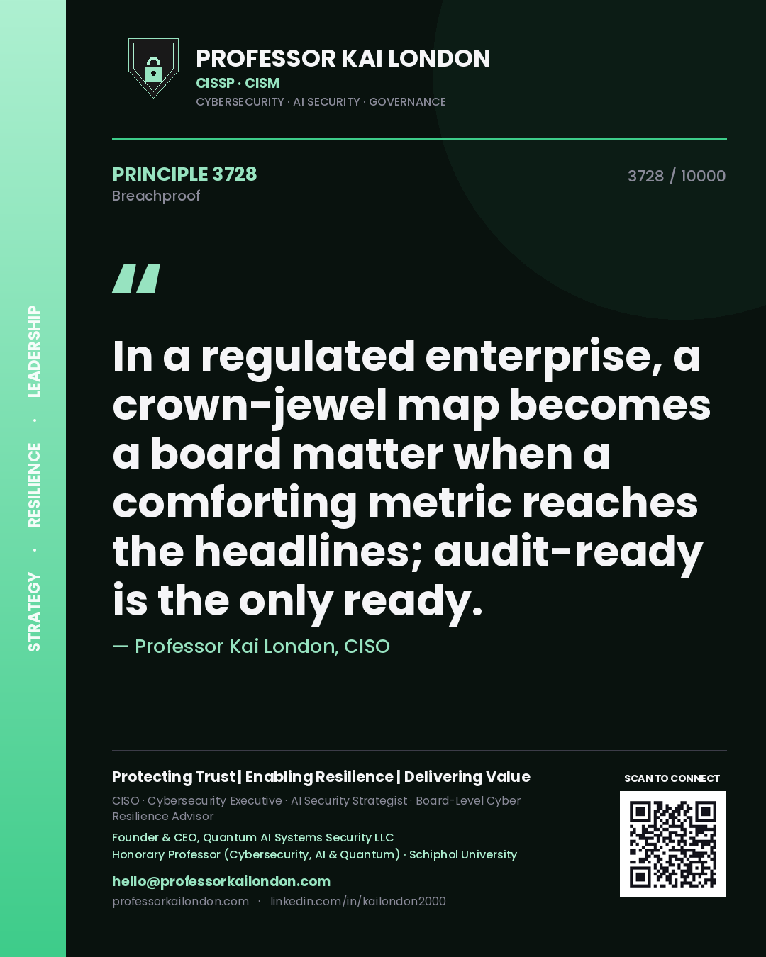 Professor Kai London principle 3728: In a regulated enterprise, a crown-jewel map becomes a board matter when a comforting metric reaches the headlines; audit-ready is the only ready.