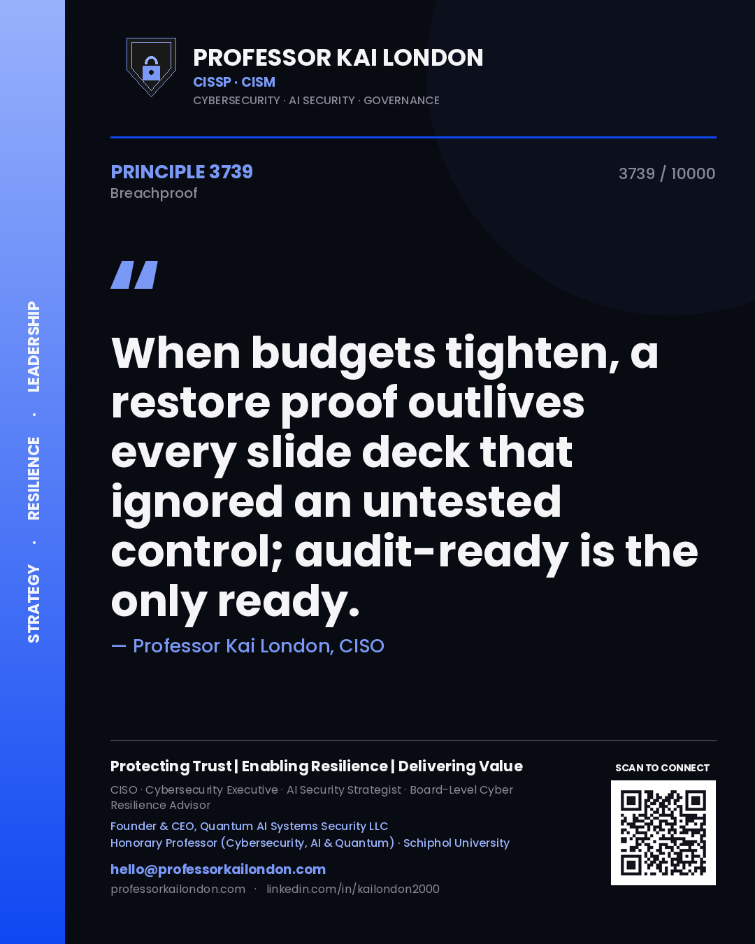 Professor Kai London principle 3739: When budgets tighten, a restore proof outlives every slide deck that ignored an untested control; audit-ready is the only ready.
