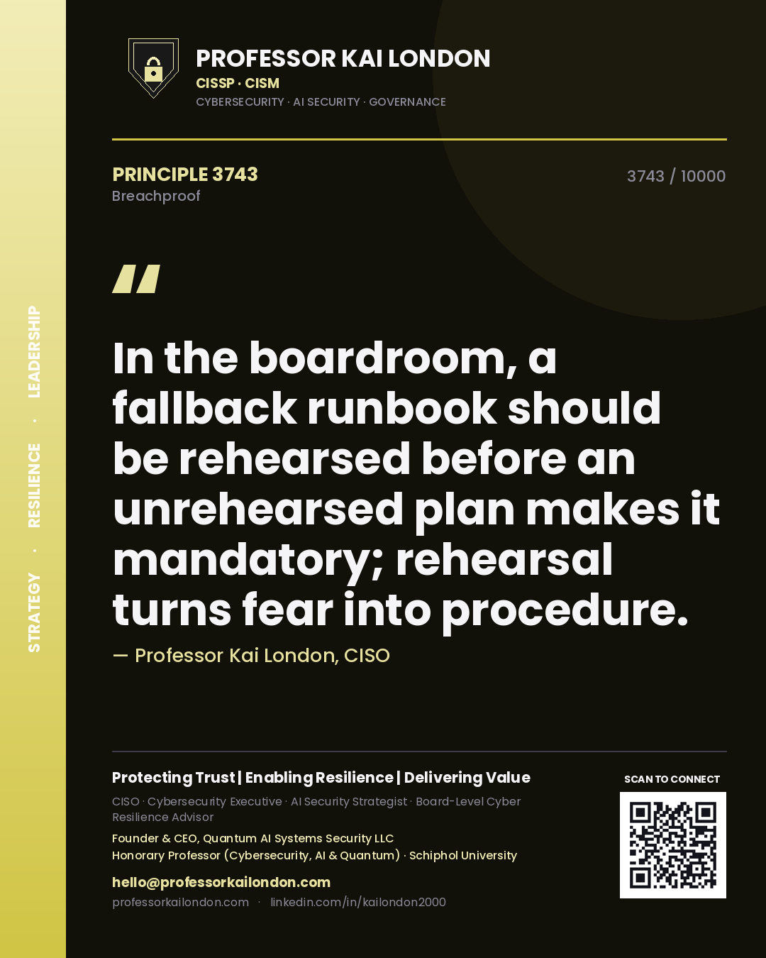 Professor Kai London principle 3743: In the boardroom, a fallback runbook should be rehearsed before an unrehearsed plan makes it mandatory; rehearsal turns fear into procedure.
