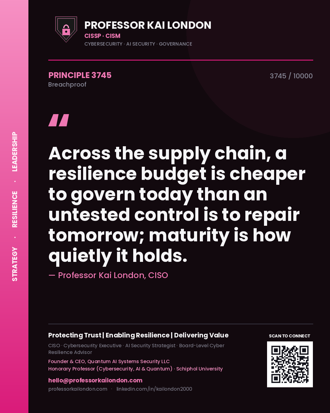Professor Kai London principle 3745: Across the supply chain, a resilience budget is cheaper to govern today than an untested control is to repair tomorrow; maturity is how quietly it holds.