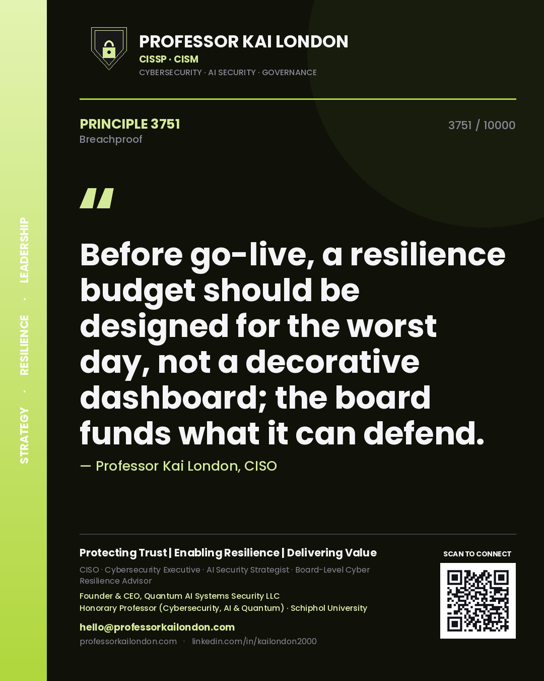 Quote card by Professor Kai London reading 'Before go-live, a resilience budget should be designed for the worst day, not a decorative dashboard; the board funds what it can defend.'. From the book Breachproof.