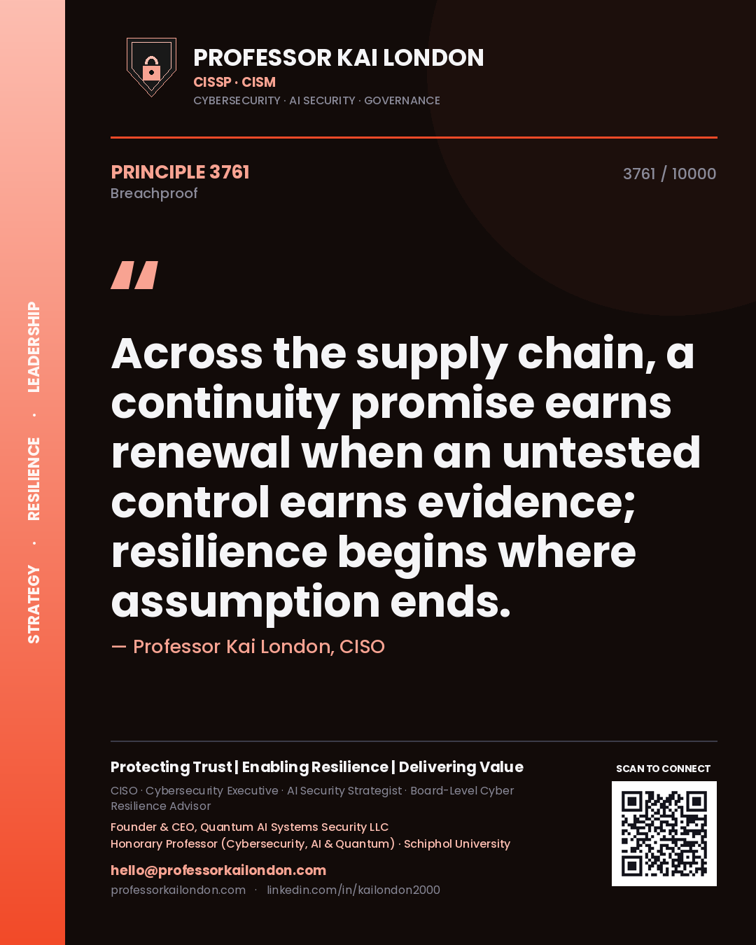 Quote card by Professor Kai London reading 'Across the supply chain, a continuity promise earns renewal when an untested control earns evidence; resilience begins where assumption ends.'. From the book Breachproof.