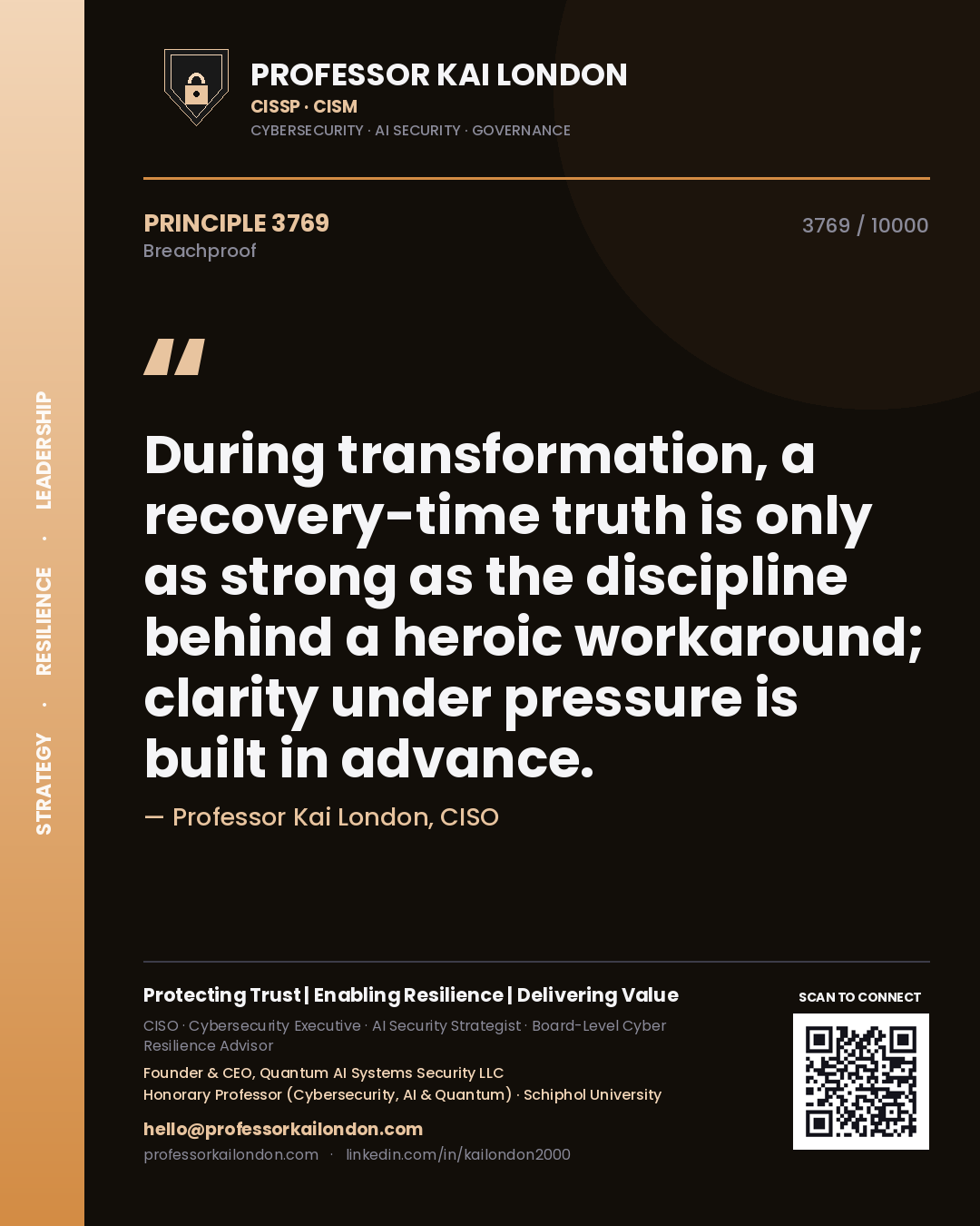 Quote card by Professor Kai London reading 'During transformation, a recovery-time truth is only as strong as the discipline behind a heroic workaround; clarity under pressure is built in advance.'. From the book Breachproof.