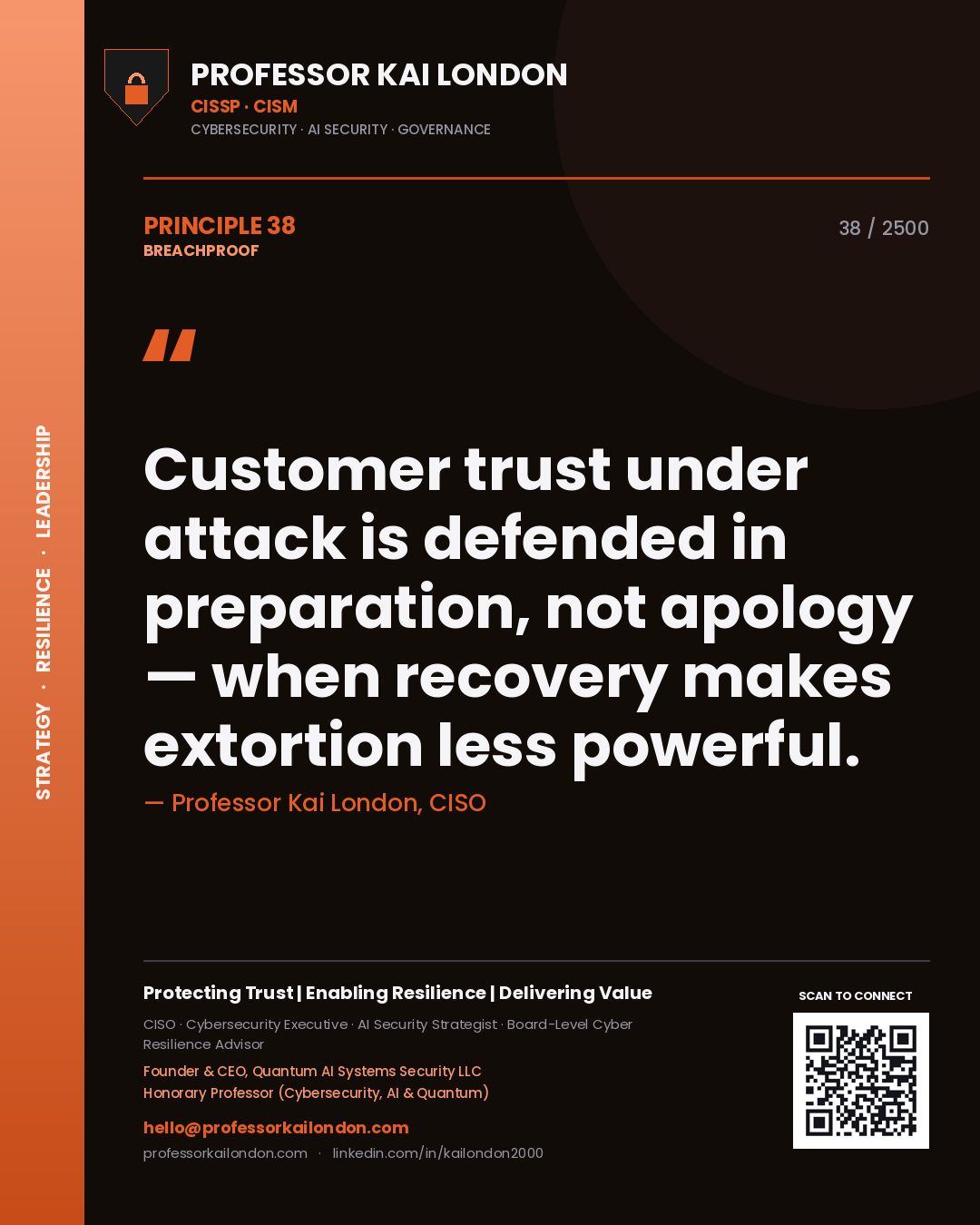 Professor Kai London principle 38: Customer trust under attack is defended in preparation, not apology — when recovery makes extortion less powerful.