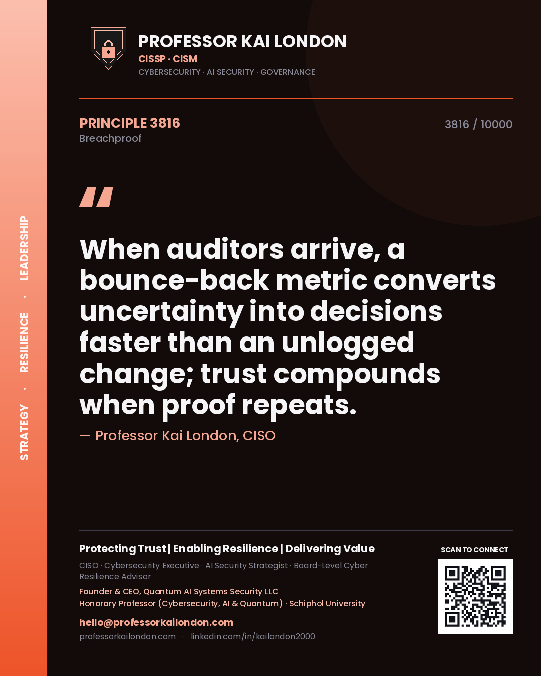 Quote card by Professor Kai London reading 'When auditors arrive, a bounce-back metric converts uncertainty into decisions faster than an unlogged change; trust compounds when proof repeats.'. From the book Breachproof.