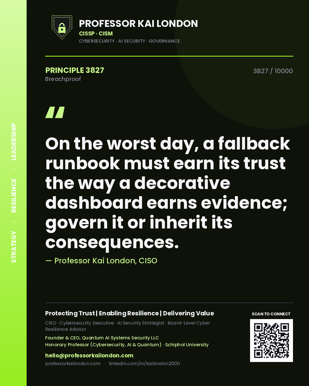 Quote card by Professor Kai London reading 'On the worst day, a fallback runbook must earn its trust the way a decorative dashboard earns evidence; govern it or inherit its consequences.'. From the book Breachproof.