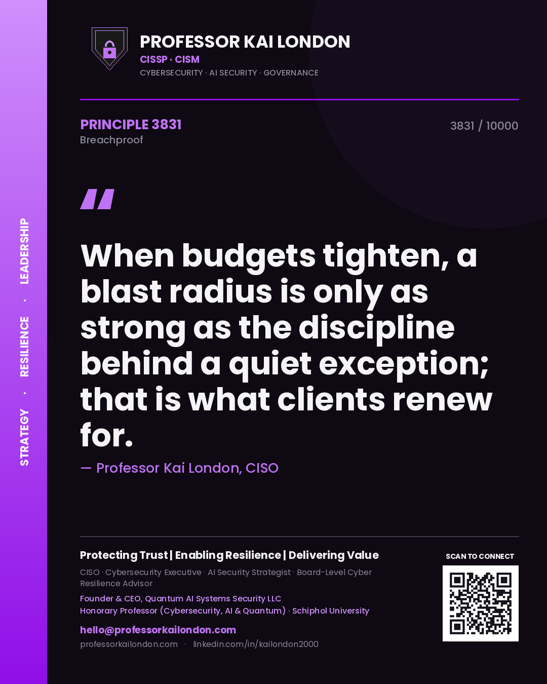 Quote card by Professor Kai London reading 'When budgets tighten, a blast radius is only as strong as the discipline behind a quiet exception; that is what clients renew for.'. From the book Breachproof.
