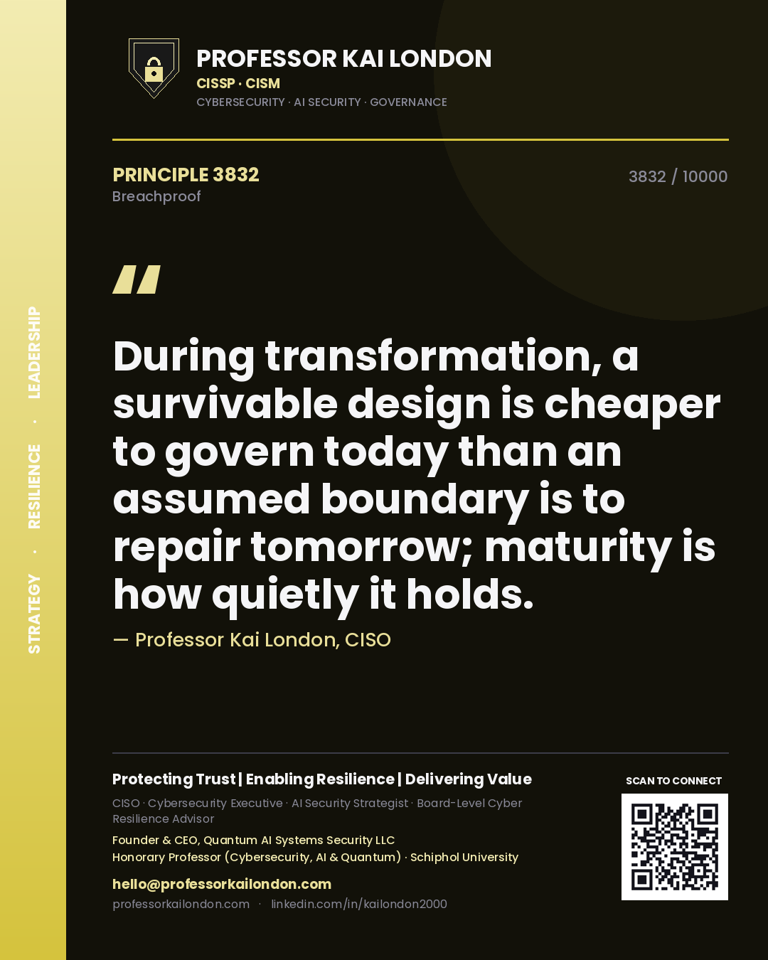 Quote card by Professor Kai London reading 'During transformation, a survivable design is cheaper to govern today than an assumed boundary is to repair tomorrow; maturity is how quietly it holds.'. From the book Breachproof.