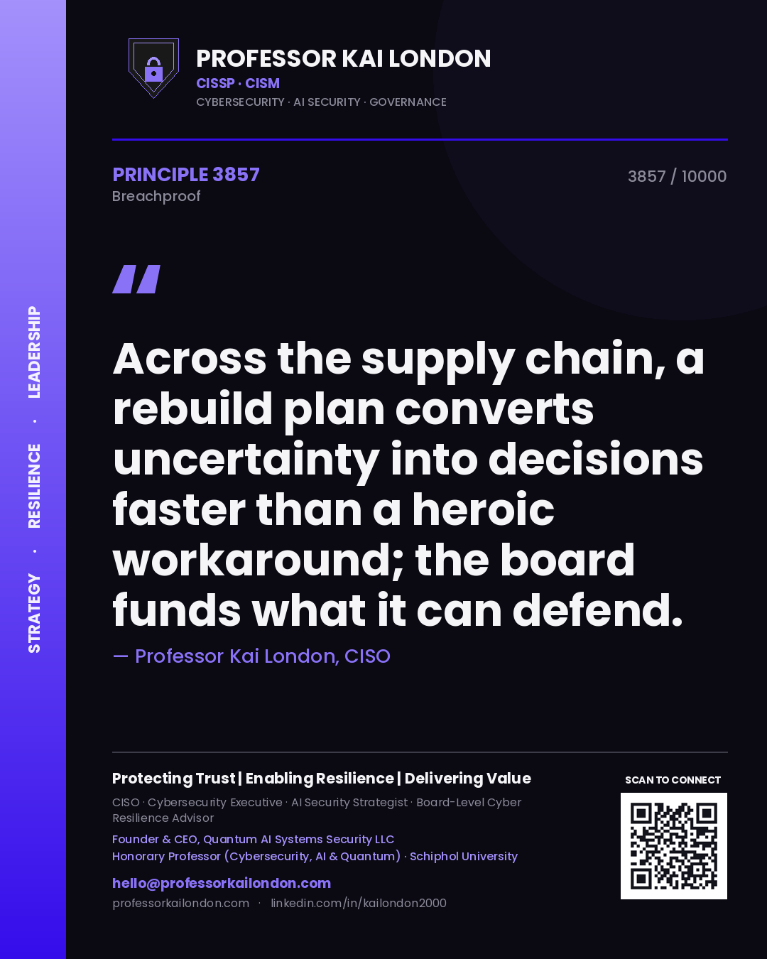Quote card by Professor Kai London reading 'Across the supply chain, a rebuild plan converts uncertainty into decisions faster than a heroic workaround; the board funds what it can defend.'. From the book Breachproof.