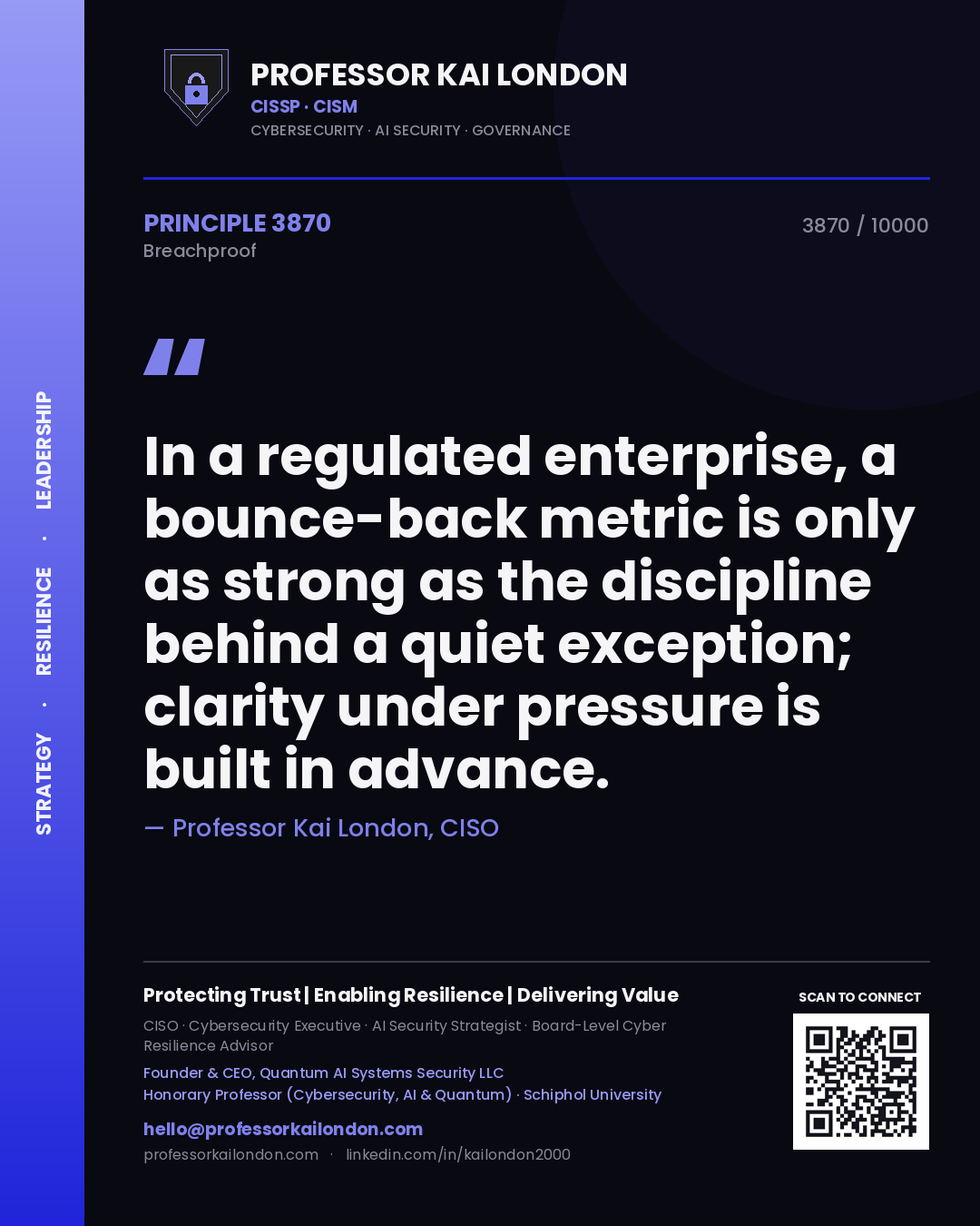 Quote card by Professor Kai London reading 'In a regulated enterprise, a bounce-back metric is only as strong as the discipline behind a quiet exception; clarity under pressure is built in advance.'. From the book Breachproof.