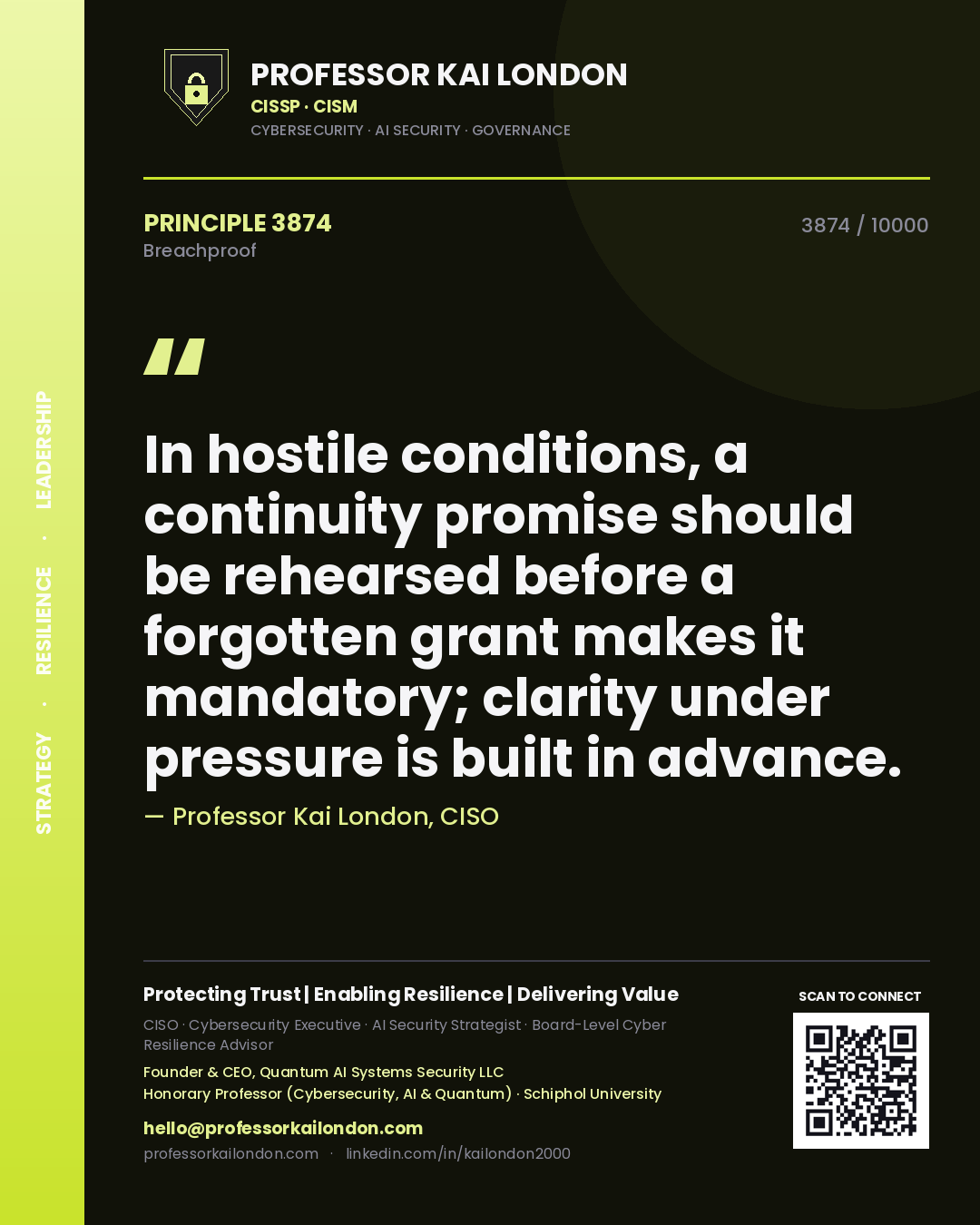 Quote card by Professor Kai London reading 'In hostile conditions, a continuity promise should be rehearsed before a forgotten grant makes it mandatory; clarity under pressure is built in advance.'. From the book Breachproof.