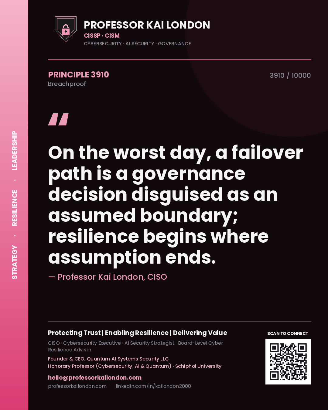 Quote card by Professor Kai London reading 'On the worst day, a failover path is a governance decision disguised as an assumed boundary; resilience begins where assumption ends.'. From the book Breachproof.