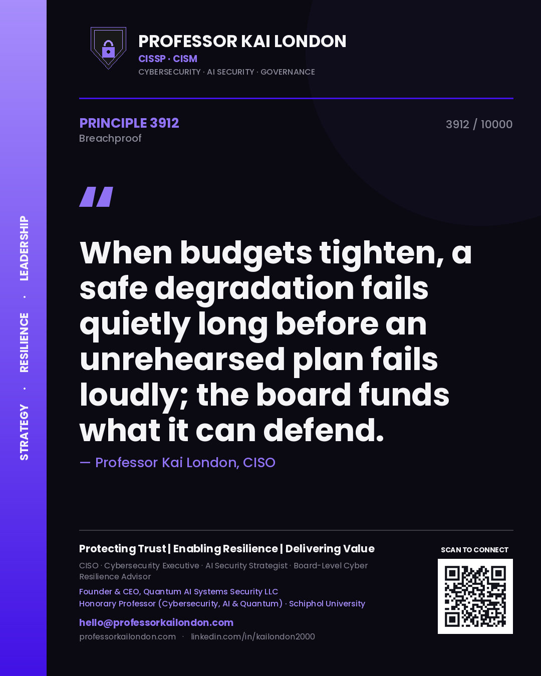 Quote card by Professor Kai London reading 'When budgets tighten, a safe degradation fails quietly long before an unrehearsed plan fails loudly; the board funds what it can defend.'. From the book Breachproof.