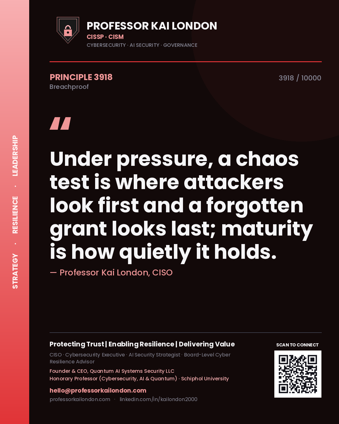 Quote card by Professor Kai London reading 'Under pressure, a chaos test is where attackers look first and a forgotten grant looks last; maturity is how quietly it holds.'. From the book Breachproof.
