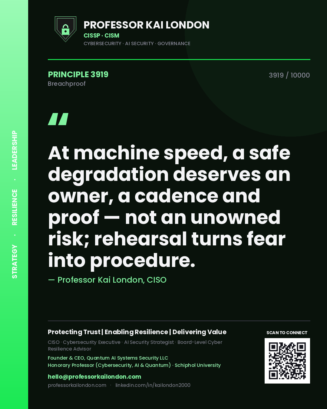 Quote card by Professor Kai London reading 'At machine speed, a safe degradation deserves an owner, a cadence and proof — not an unowned risk; rehearsal turns fear into procedure.'. From the book Breachproof.
