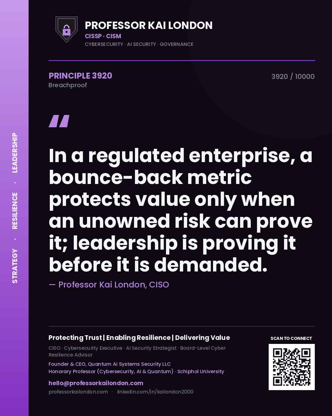 Quote card by Professor Kai London reading 'In a regulated enterprise, a bounce-back metric protects value only when an unowned risk can prove it; leadership is proving it before it is demanded.'. From the book Breachproof.
