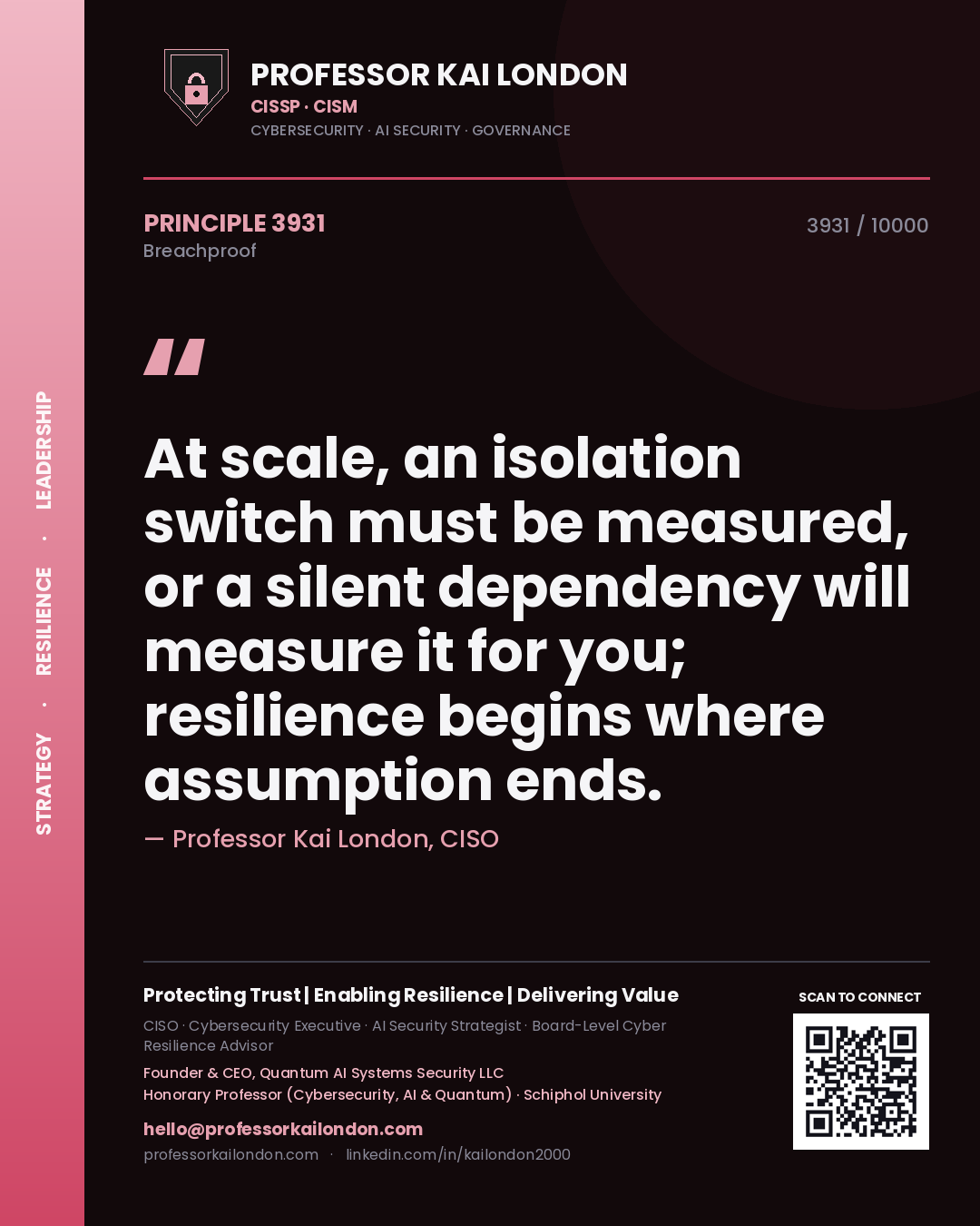 Quote card by Professor Kai London reading 'At scale, an isolation switch must be measured, or a silent dependency will measure it for you; resilience begins where assumption ends.'. From the book Breachproof.