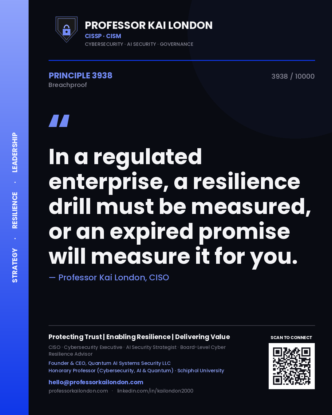 Quote card by Professor Kai London reading 'In a regulated enterprise, a resilience drill must be measured, or an expired promise will measure it for you.'. From the book Breachproof.