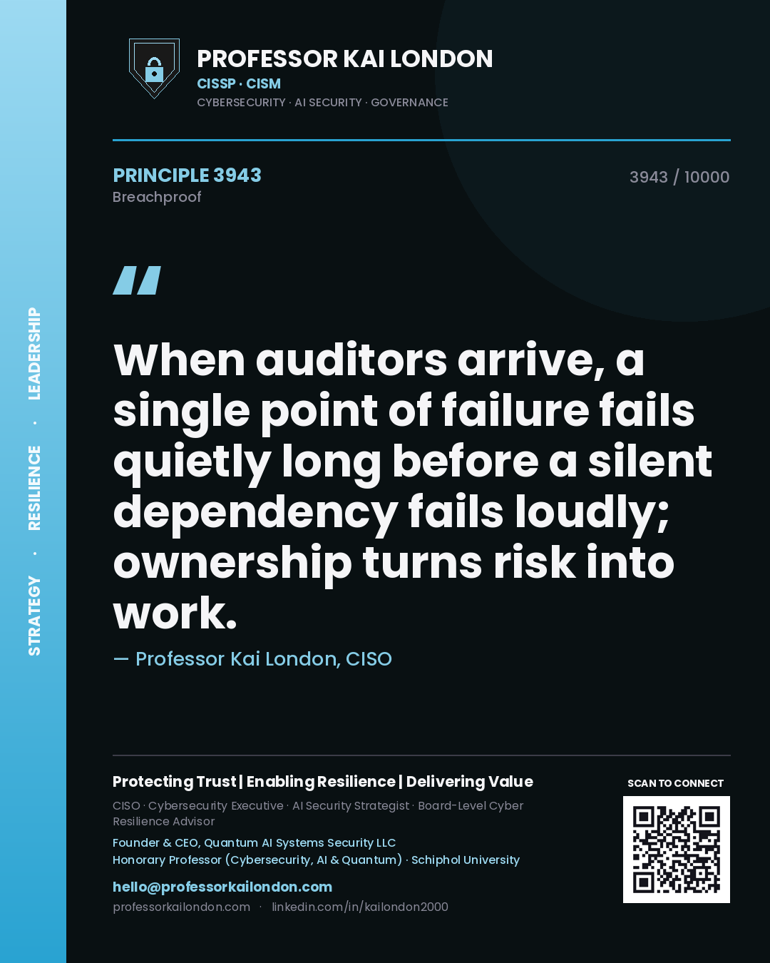 Quote card by Professor Kai London reading 'When auditors arrive, a single point of failure fails quietly long before a silent dependency fails loudly; ownership turns risk into work.'. From the book Breachproof.