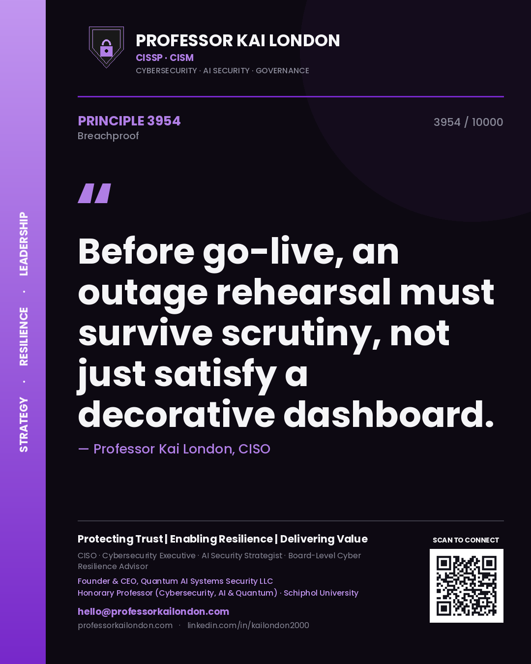 Quote card by Professor Kai London reading 'Before go-live, an outage rehearsal must survive scrutiny, not just satisfy a decorative dashboard.'. From the book Breachproof.