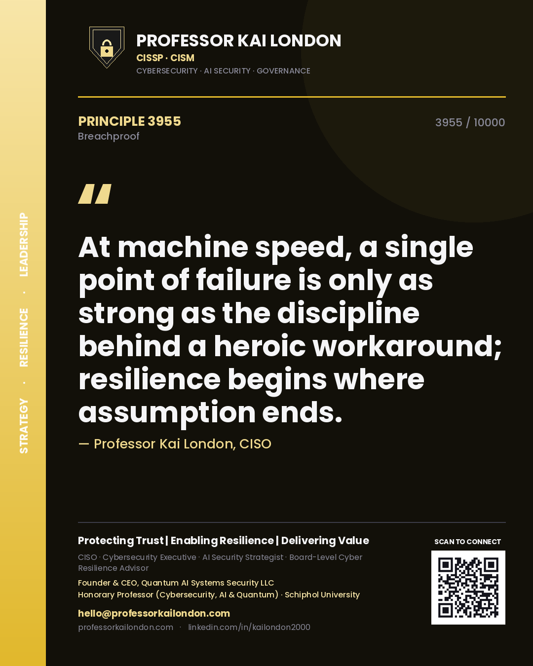 Quote card by Professor Kai London reading 'At machine speed, a single point of failure is only as strong as the discipline behind a heroic workaround; resilience begins where assumption ends.'. From the book Breachproof.