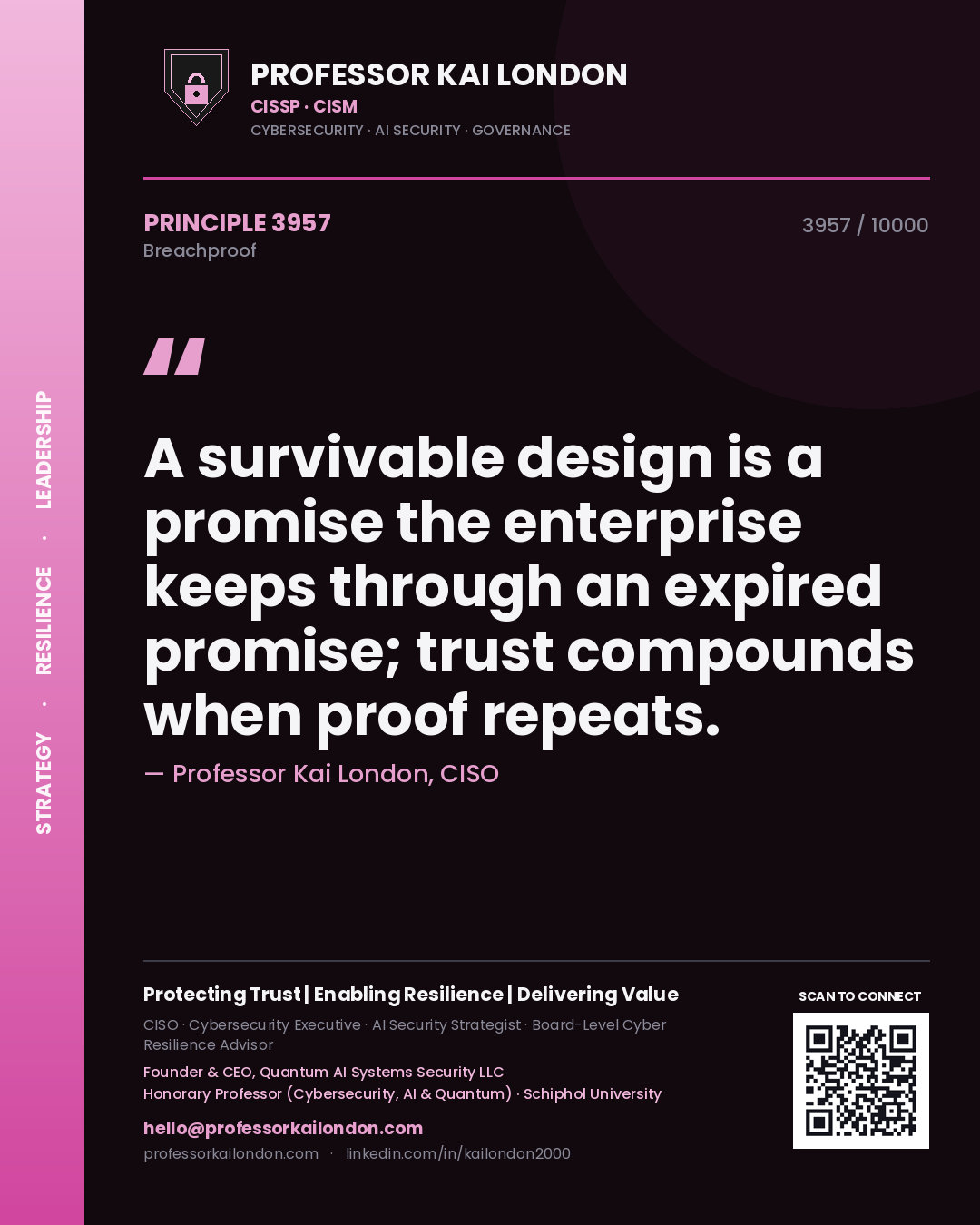 Quote card by Professor Kai London reading 'A survivable design is a promise the enterprise keeps through an expired promise; trust compounds when proof repeats.'. From the book Breachproof.