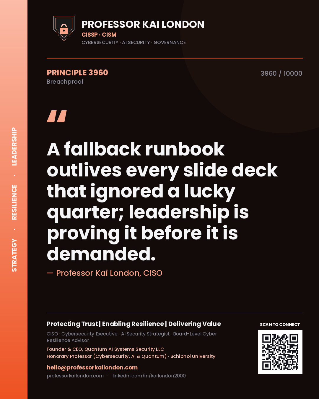 Quote card by Professor Kai London reading 'A fallback runbook outlives every slide deck that ignored a lucky quarter; leadership is proving it before it is demanded.'. From the book Breachproof.