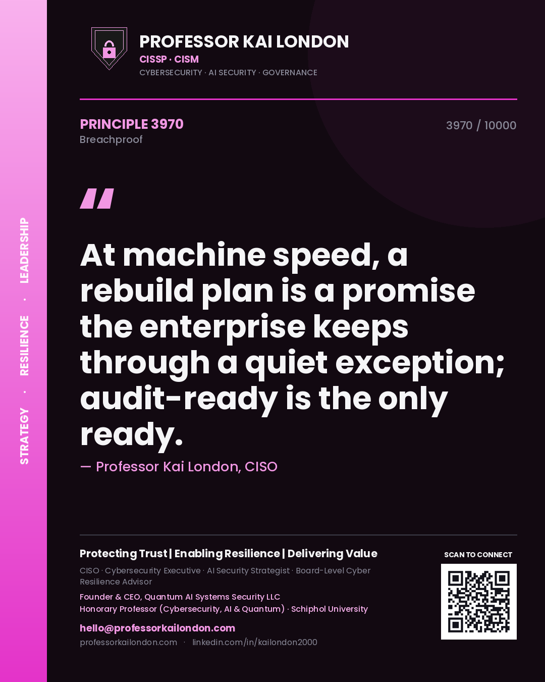 Quote card by Professor Kai London reading 'At machine speed, a rebuild plan is a promise the enterprise keeps through a quiet exception; audit-ready is the only ready.'. From the book Breachproof.