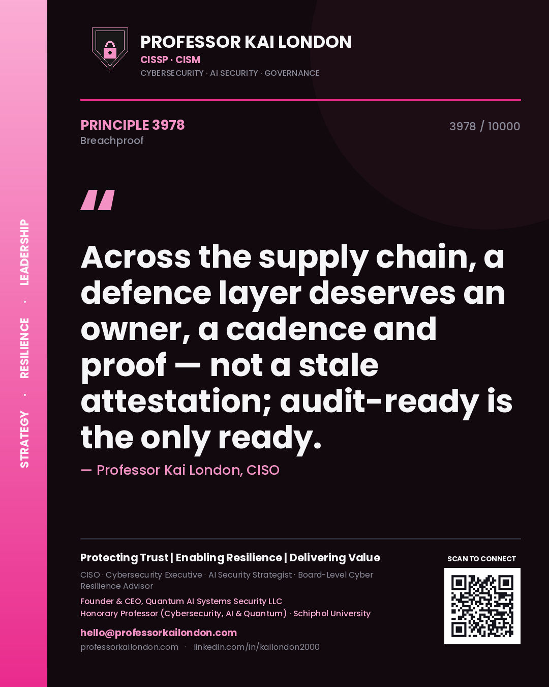 Quote card by Professor Kai London reading 'Across the supply chain, a defence layer deserves an owner, a cadence and proof — not a stale attestation; audit-ready is the only ready.'. From the book Breachproof.