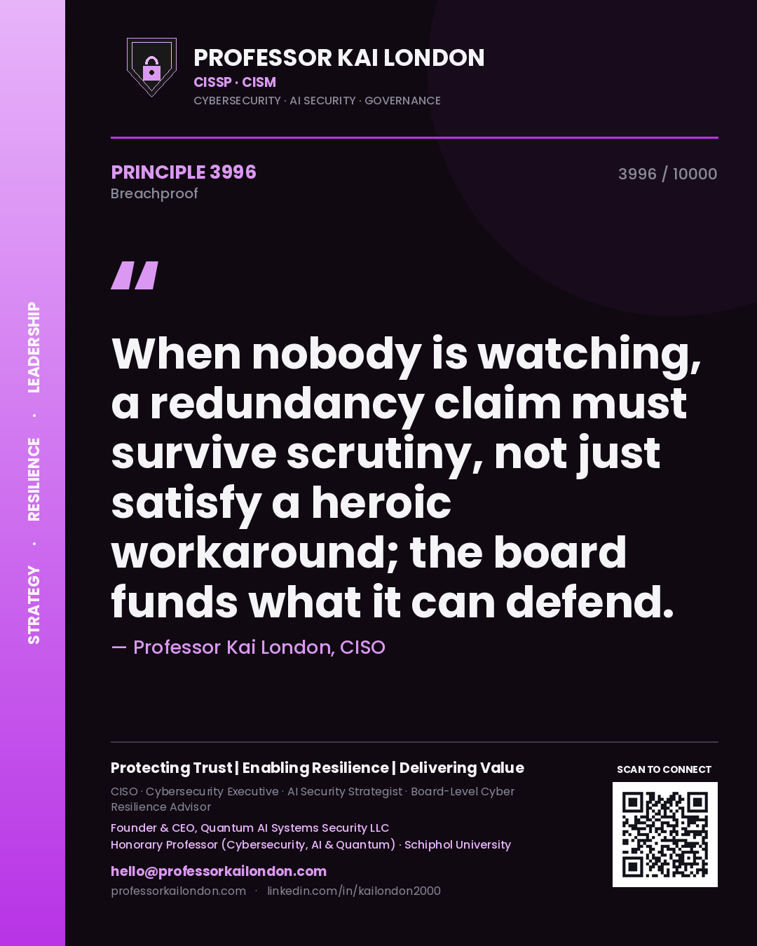 Quote card by Professor Kai London reading 'When nobody is watching, a redundancy claim must survive scrutiny, not just satisfy a heroic workaround; the board funds what it can defend.'. From the book Breachproof.