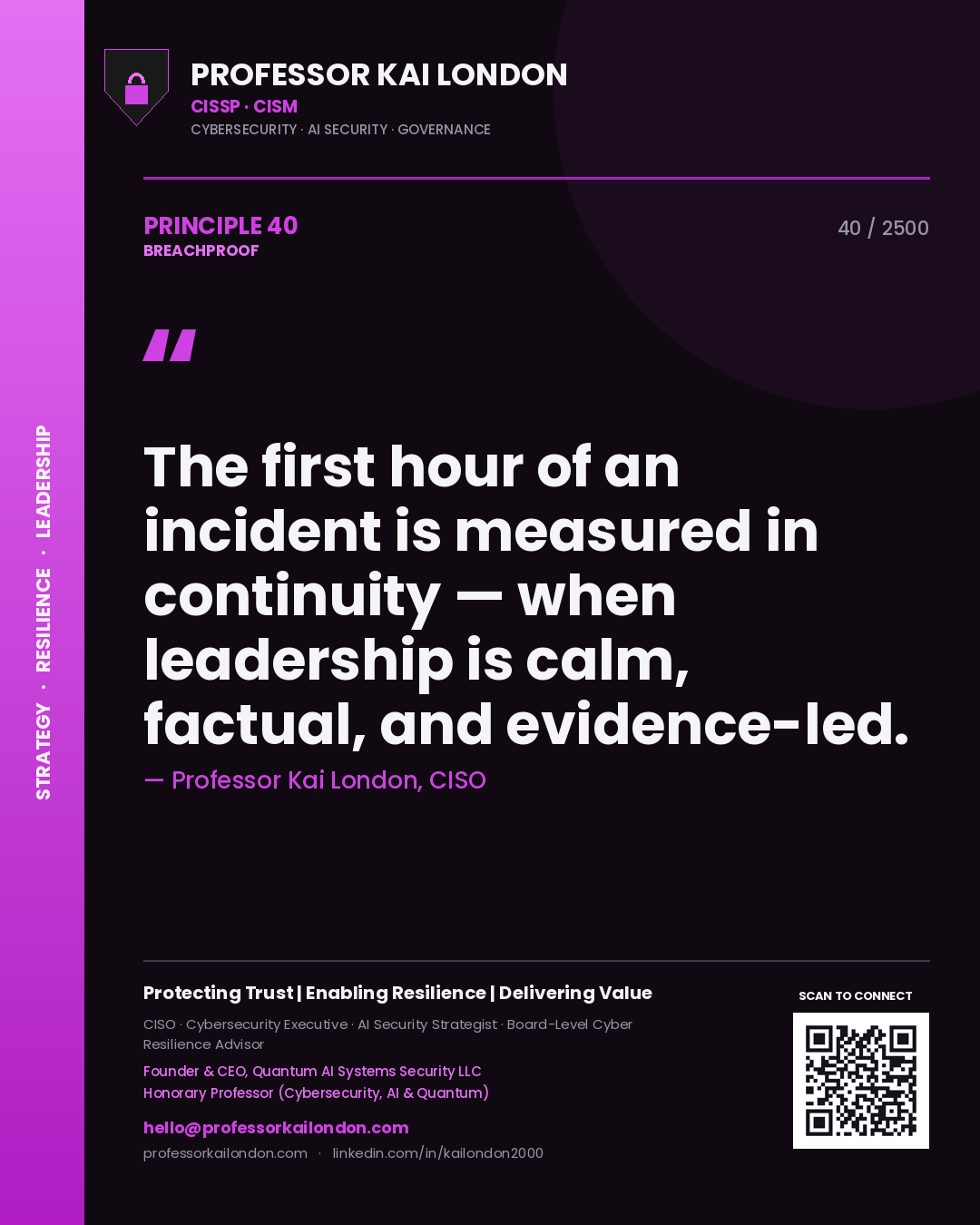 Quote card by Professor Kai London reading 'The first hour of an incident is measured in continuity — when leadership is calm, factual, and evidence-led.'. From the book Breachproof.