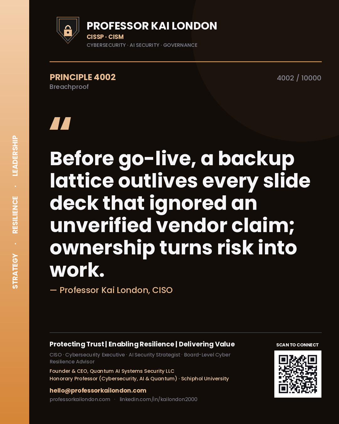 Quote card by Professor Kai London reading 'Before go-live, a backup lattice outlives every slide deck that ignored an unverified vendor claim; ownership turns risk into work.'. From the book Breachproof.