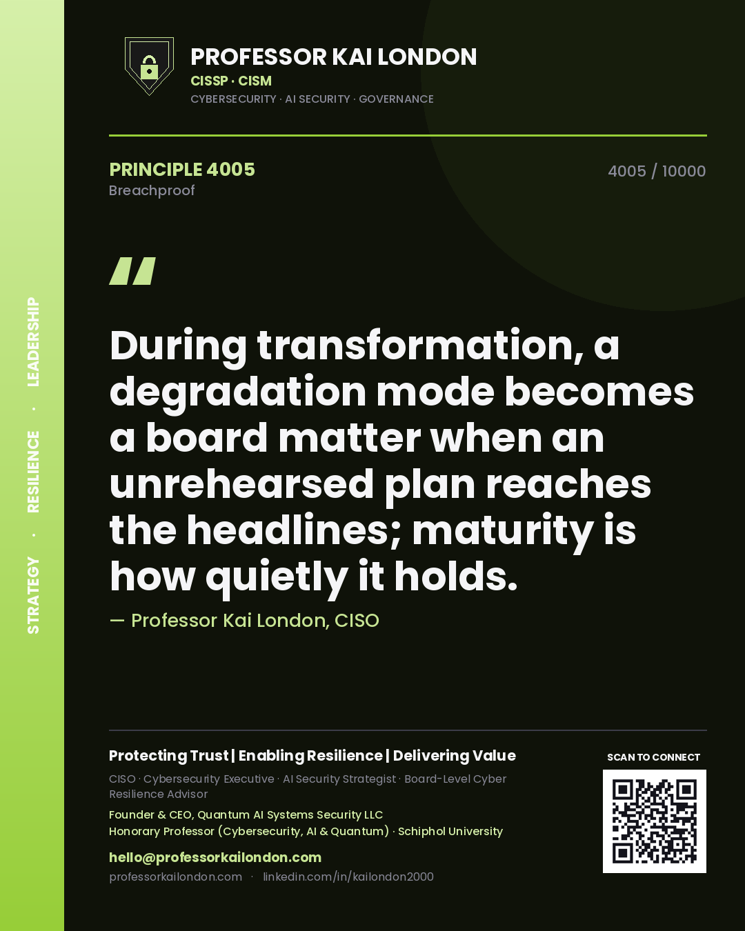 Quote card by Professor Kai London reading 'During transformation, a degradation mode becomes a board matter when an unrehearsed plan reaches the headlines; maturity is how quietly it holds.'. From the book Breachproof.